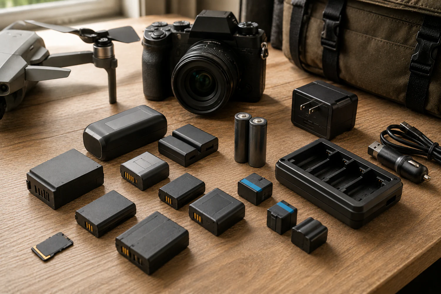 Batteries, chargeurs, appareil photo et accessoires vidéo disposés sur une table en bois pour préparer une sortie de prise de vue.