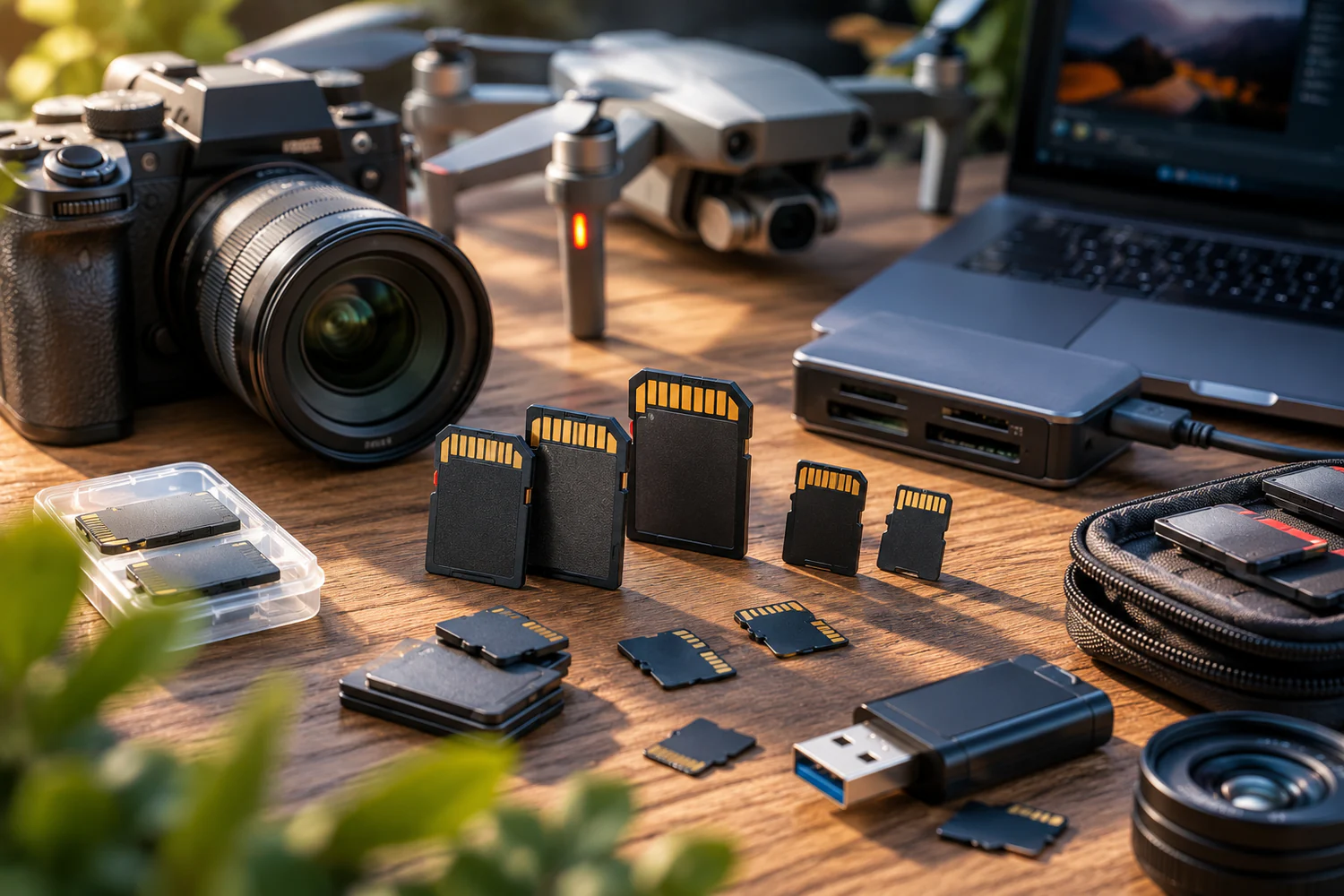 Cartes mémoire, lecteur USB-C, appareil photo et drone posés sur une table de travail en extérieur.