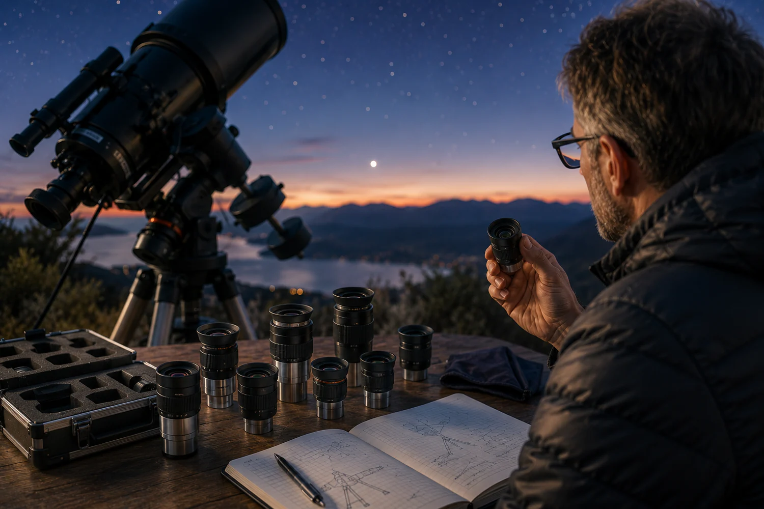 Observateur comparant plusieurs oculaires à côté d'un télescope sous un ciel étoilé au crépuscule.