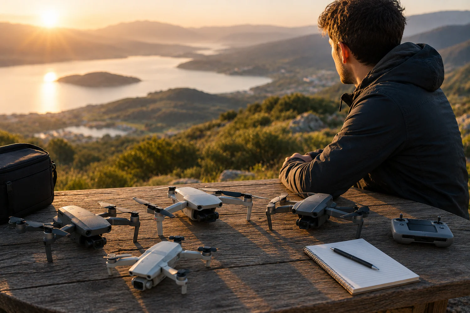 Débutant préparant deux drones compacts sur une table en bois face à un paysage côtier au coucher du soleil.