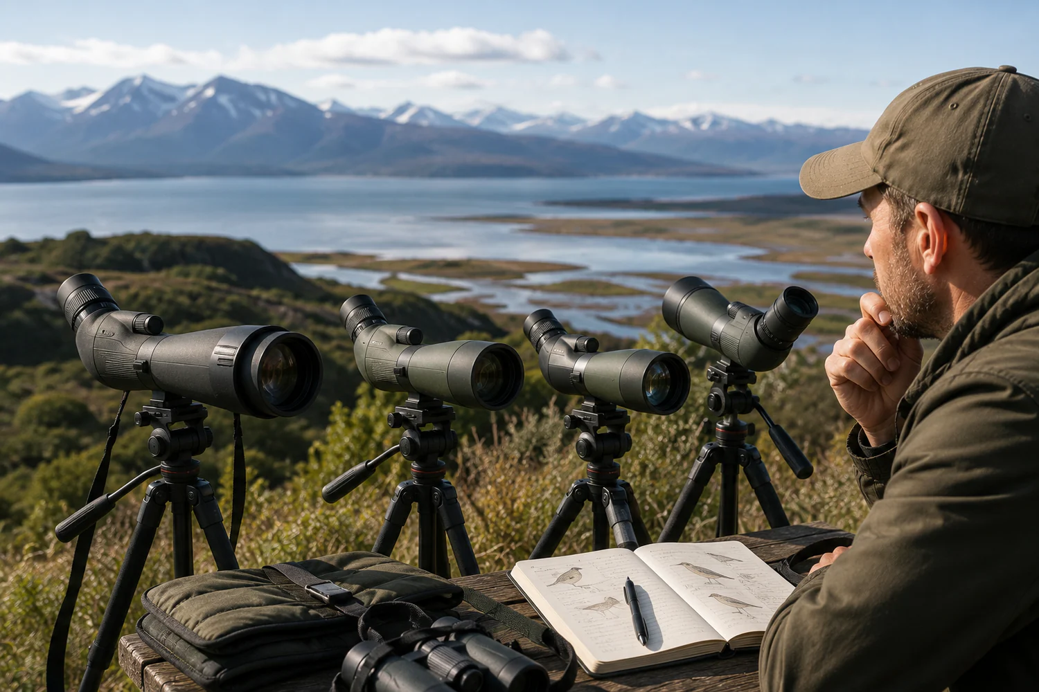 Observateur comparant plusieurs longues-vues sur trépied face à un paysage naturel de montagne et de lac.
