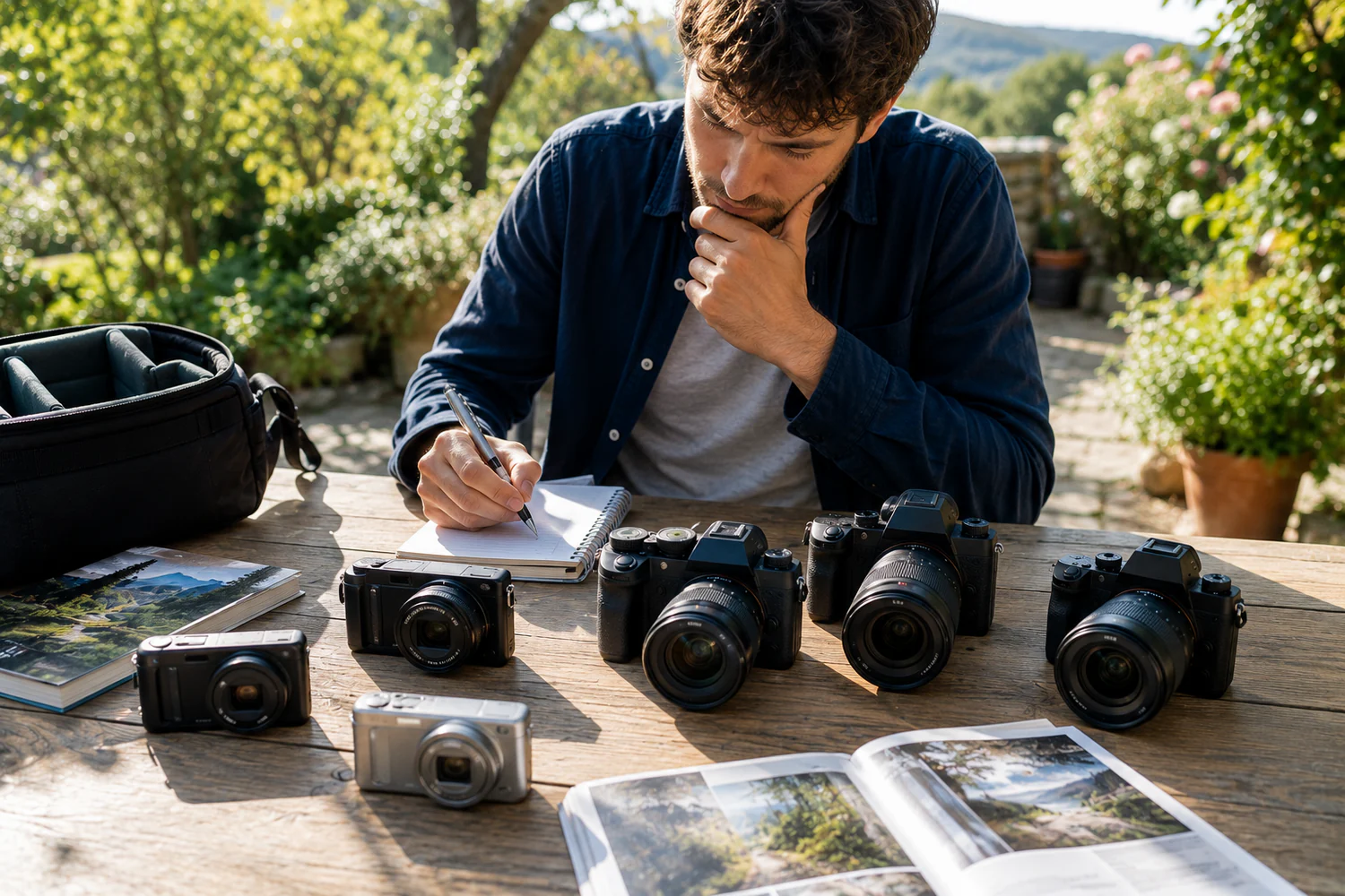 Photographe comparant plusieurs appareils photo et tirages sur une table en extérieur avant de choisir un premier boîtier.