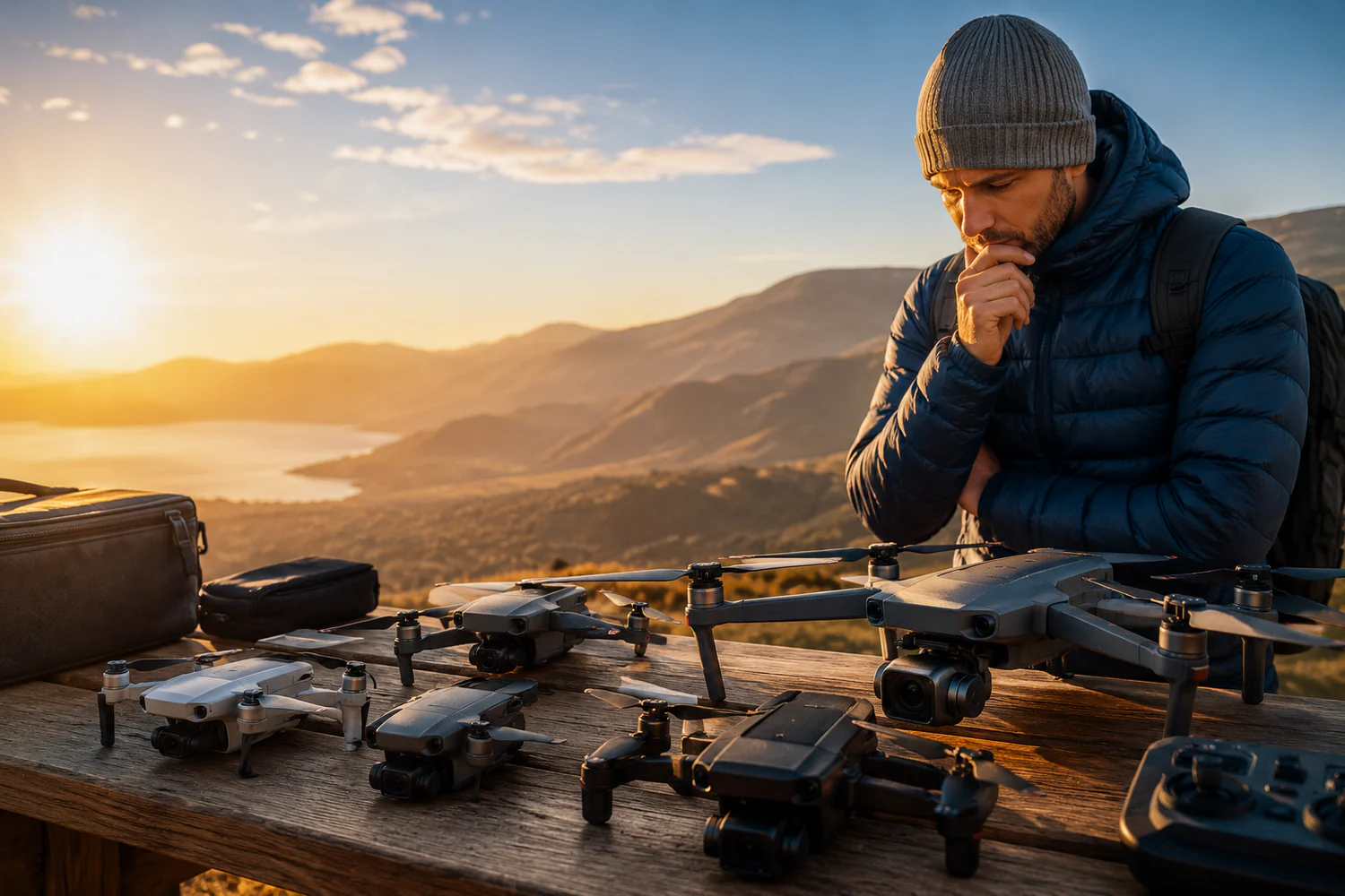 Voyageur comparant plusieurs drones compacts installés sur une table en extérieur, face à un paysage de montagne au lever du soleil.