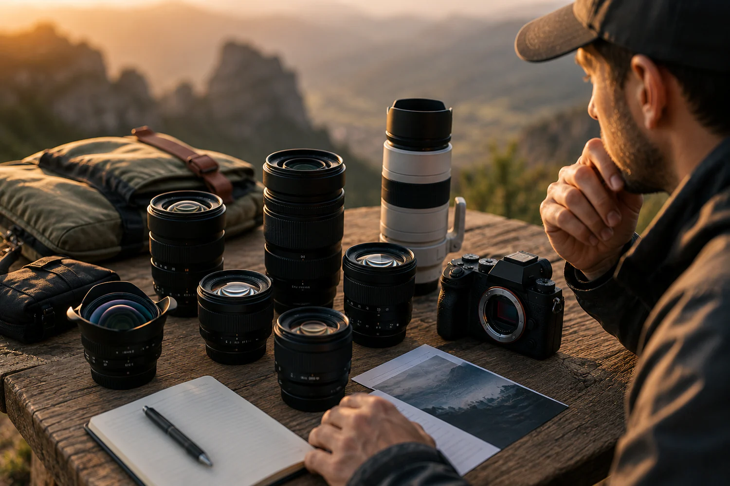 Photographe comparant plusieurs objectifs photo et deux boîtiers sur une table en extérieur face à un paysage de montagne.