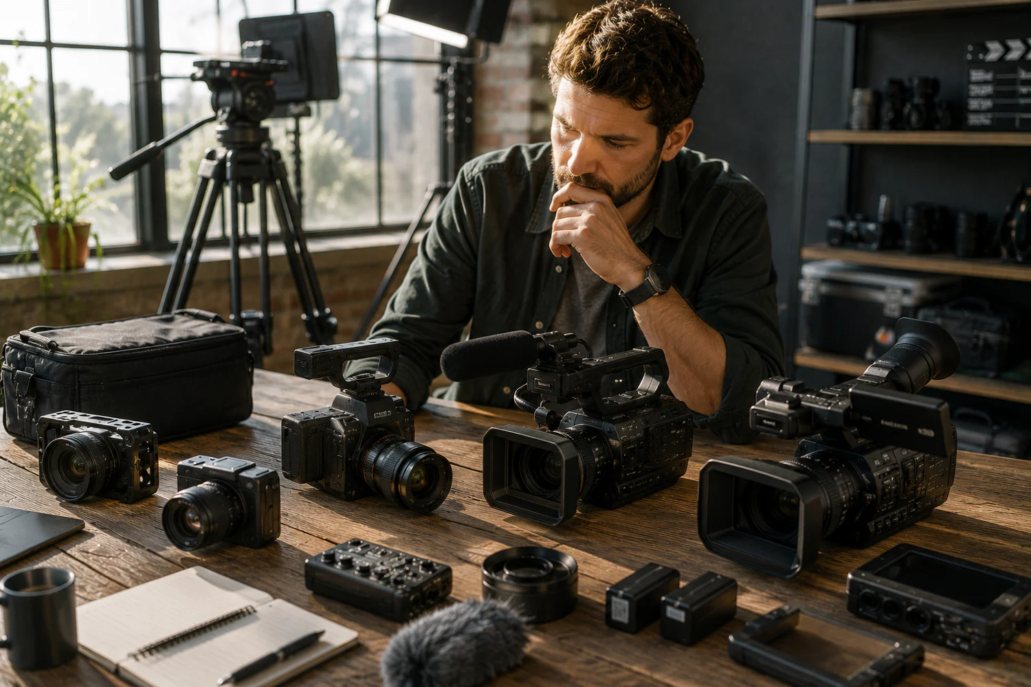 Créateur vidéo comparant plusieurs caméras, objectifs et accessoires audio sur une table de travail lumineuse.