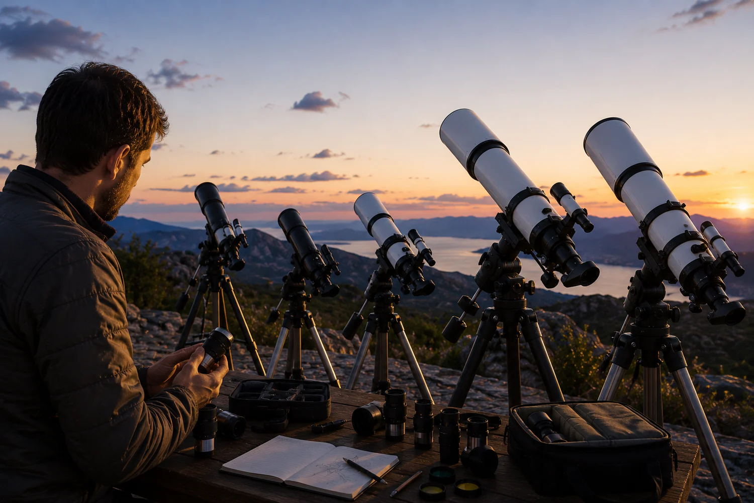 Observateur comparant plusieurs lunettes astronomiques installées sur trépied au crépuscule face à un paysage de montagne.