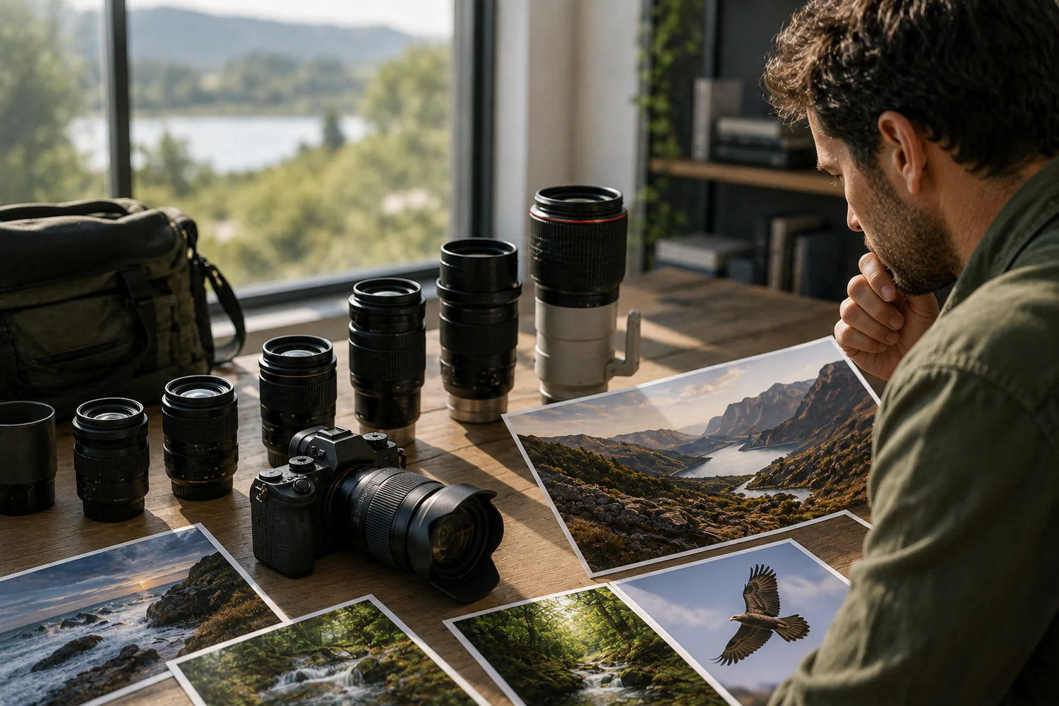 Photographe comparant plusieurs zooms et objectifs sur une table, avec tirages photo et paysage naturel en arrière-plan.