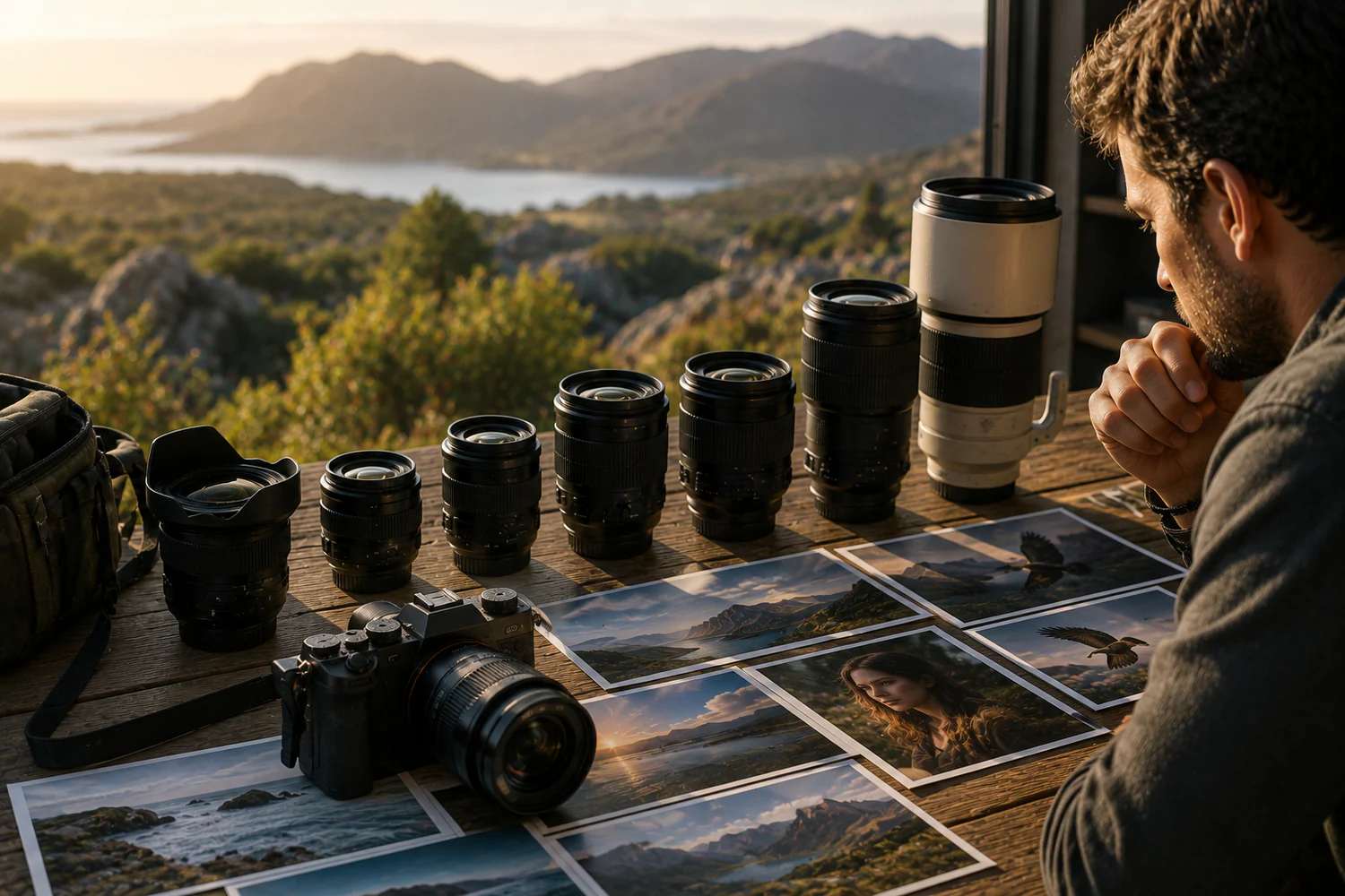 Photographe comparant plusieurs focales et tirages de paysage sur une table face à une vue de montagne.