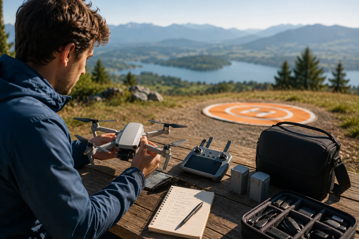 Débutant préparant un drone compact et sa radiocommande près d'une zone de décollage en pleine nature.