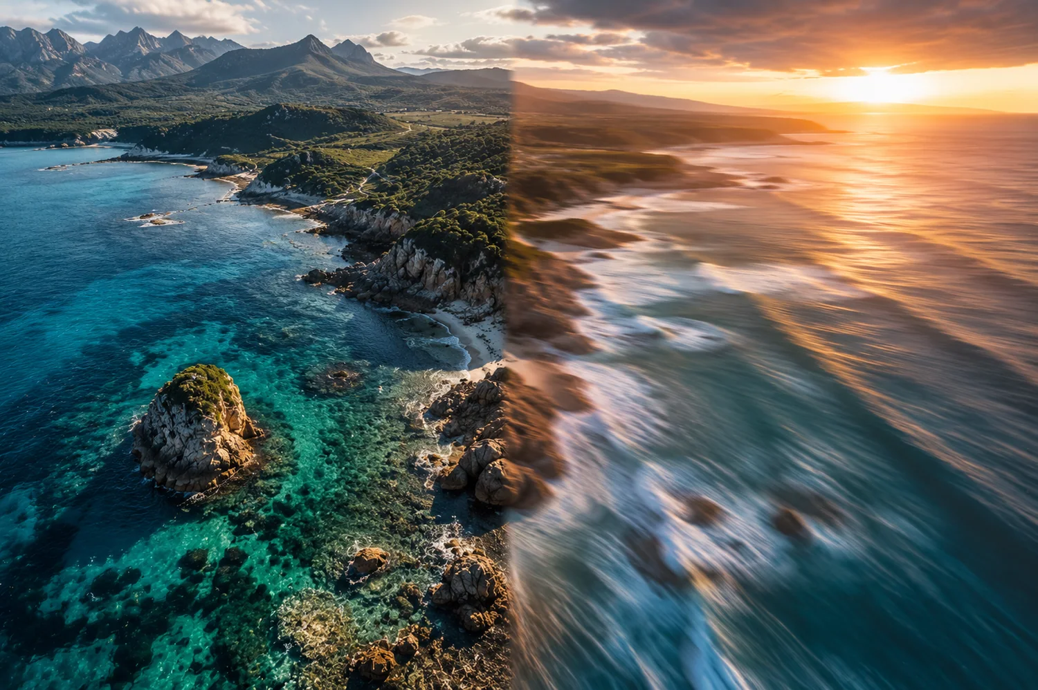 Vue aérienne comparant une approche photo détaillée et une approche vidéo cinématographique