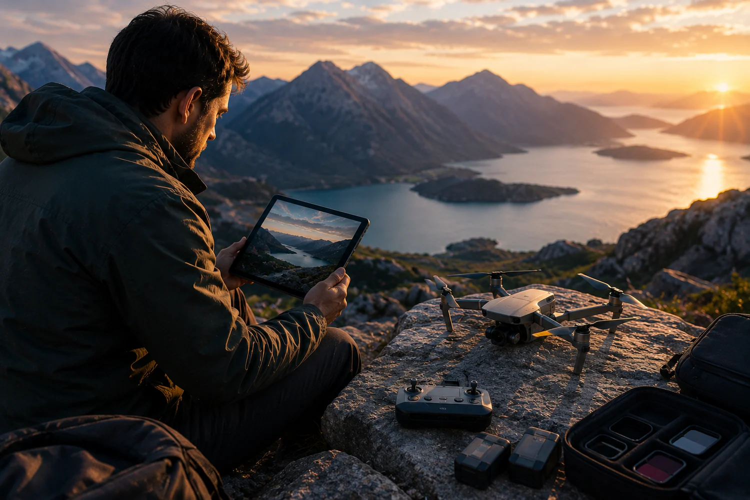 Photographe préparant un drone compact et une tablette de cadrage face à un paysage de montagne au coucher du soleil.