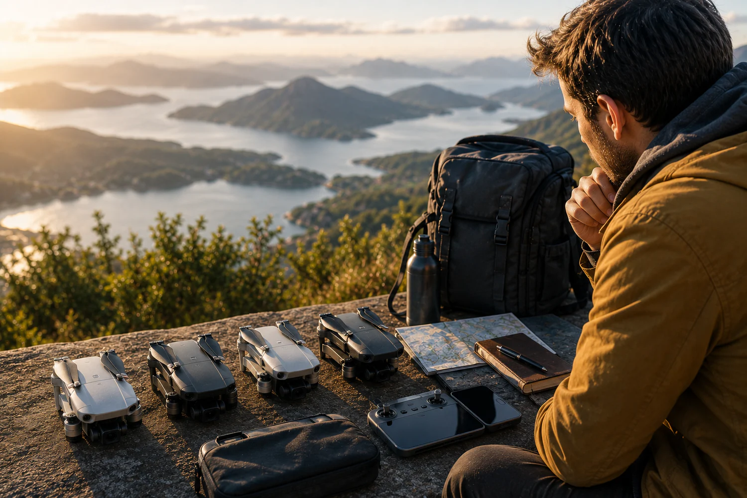 Voyageur organisant plusieurs drones compacts et accessoires dans un sac face à un panorama d'îles et de mer.