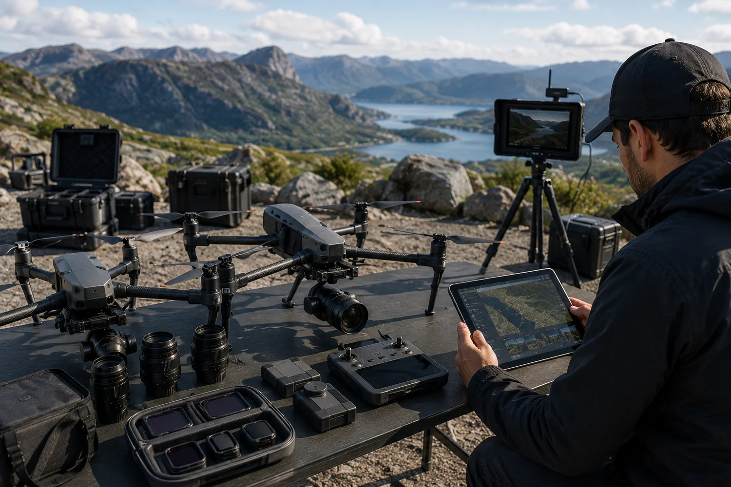 Opérateur préparant un drone professionnel, une radiocommande et des accessoires de tournage sur un point de vue en montagne.