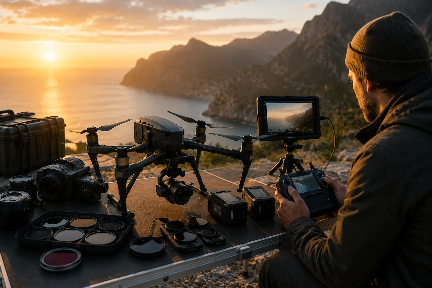 Vidéaste préparant un drone, un moniteur de contrôle et des filtres devant un paysage côtier au coucher du soleil.