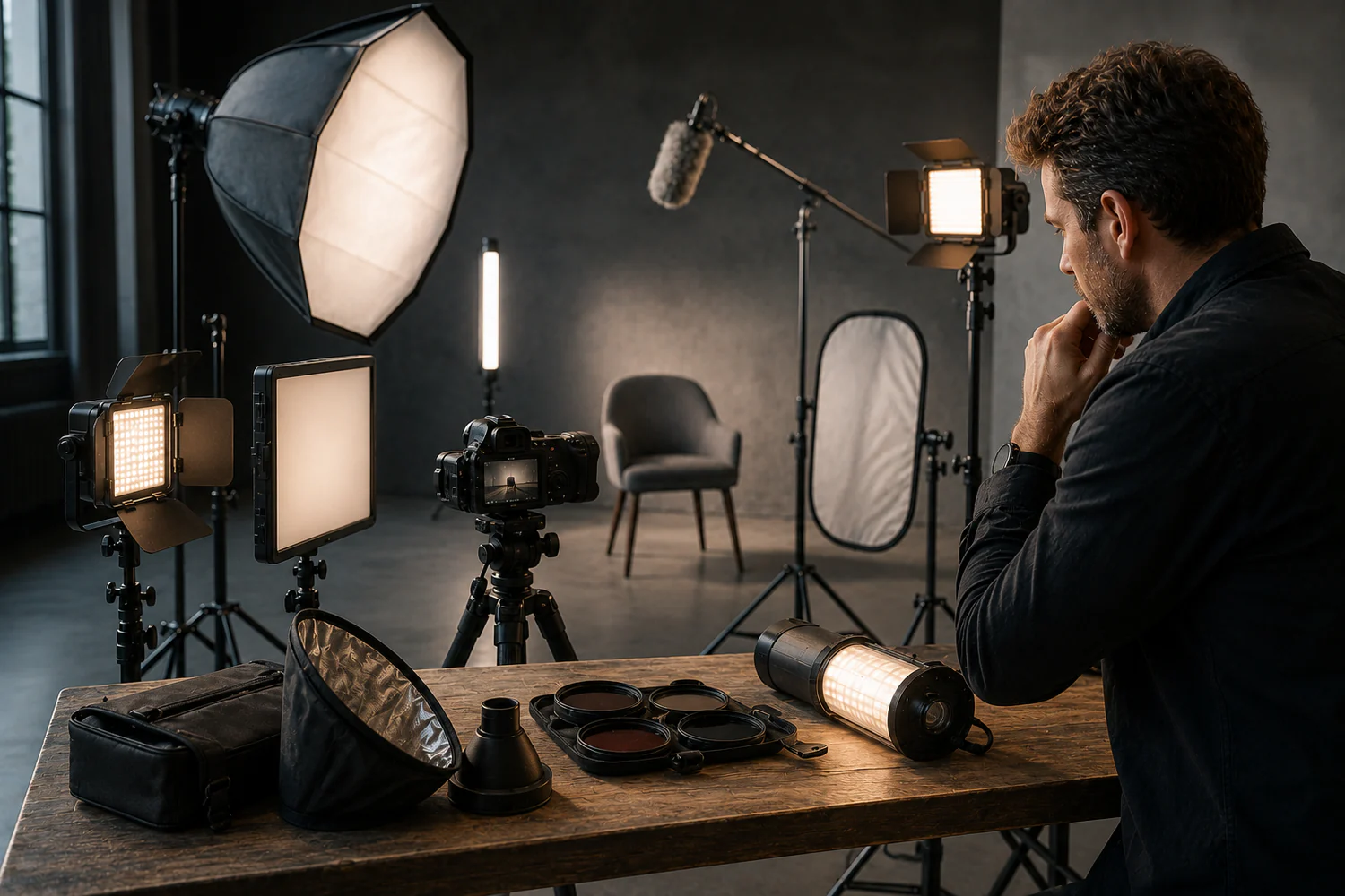 Studio vidéo préparé avec caméra, softbox, panneaux LED, micro suspendu et réflecteurs autour d'un espace de tournage.