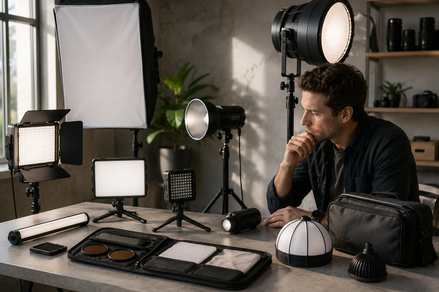 Créateur comparant plusieurs sources d'éclairage photo sur une table de studio lumineuse, avec panneaux LED, diffuseurs et accessoires.