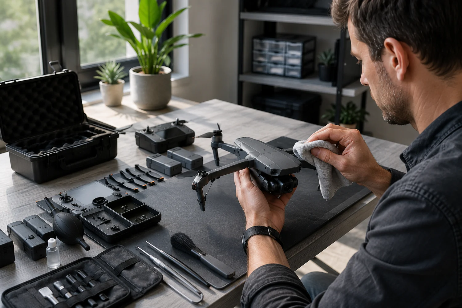 Pilote nettoyant un drone compact sur une table de travail, avec batteries, hélices, outils et mallette de transport.