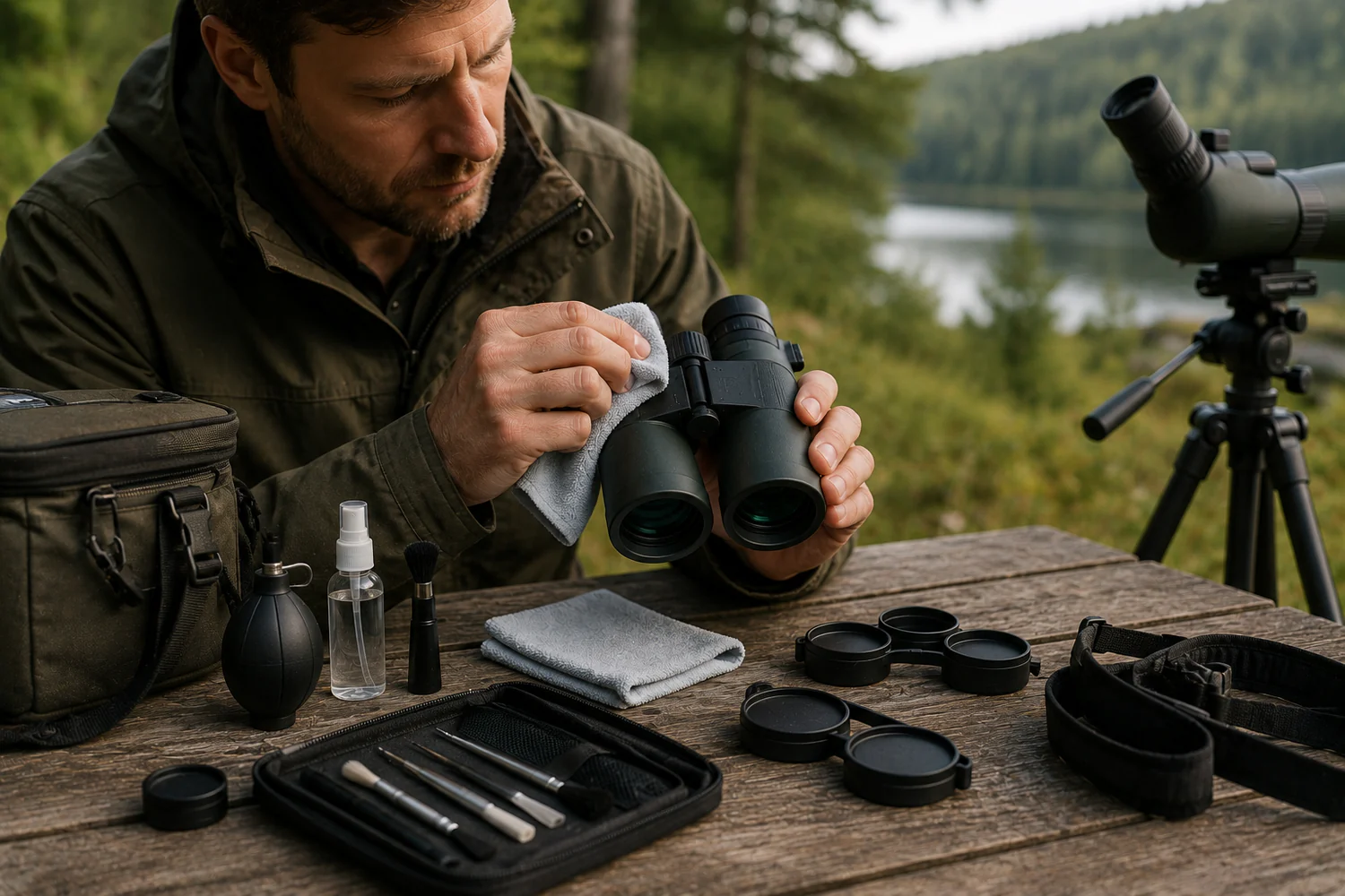 Observateur nettoyant une paire de jumelles sur une table en bois, avec poire soufflante, chiffons et accessoires optiques.