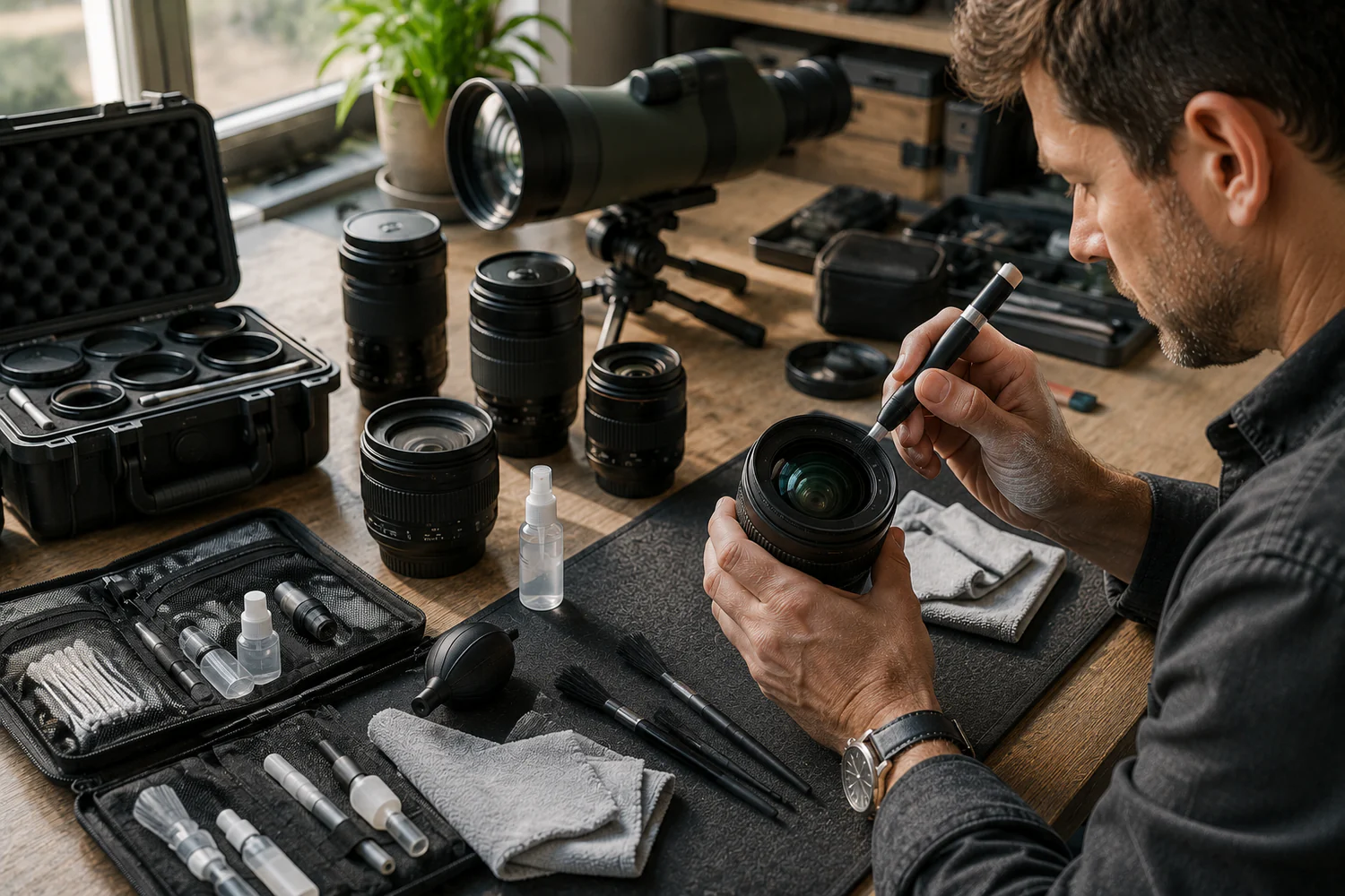 Photographe nettoyant une lentille d'objectif avec un stylo optique, entouré de filtres, chiffons et accessoires d'entretien.