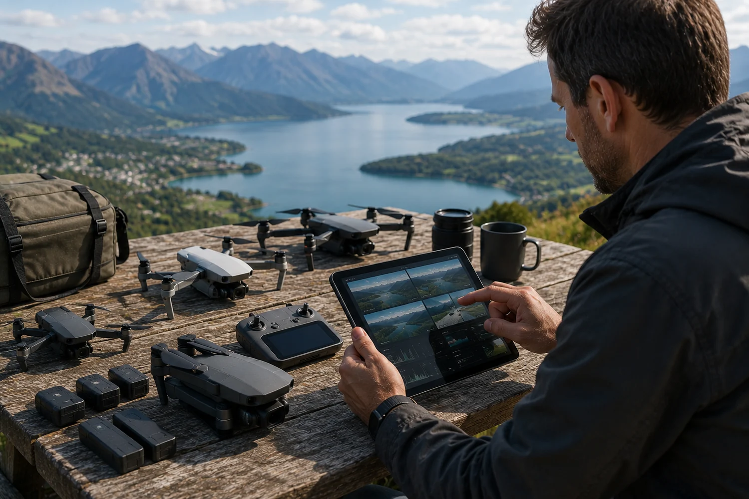 Pilote comparant plusieurs drones de prise de vue face à un paysage de montagne et de lac.