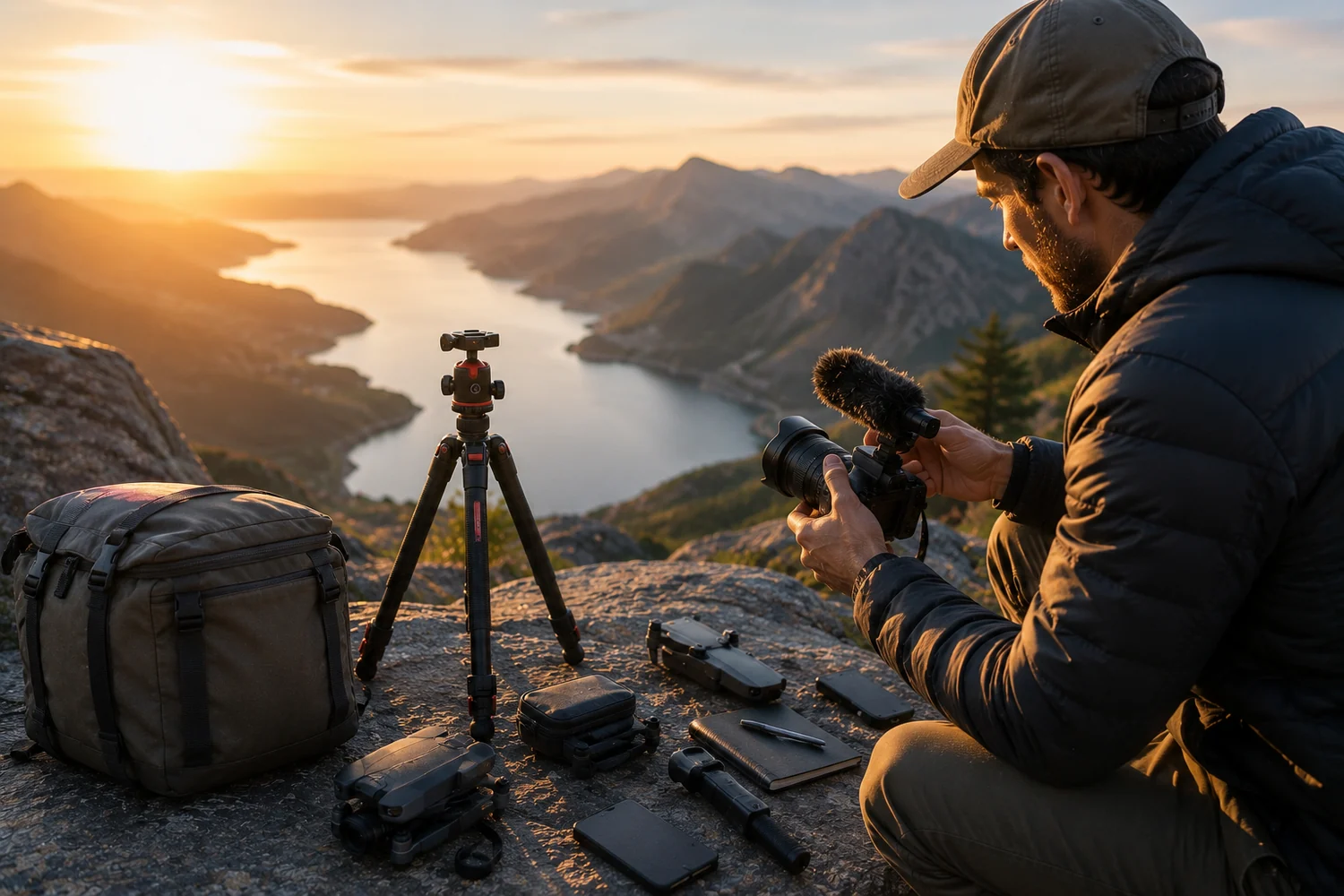 Voyageur préparant une caméra, un trépied et du matériel vidéo face à un paysage de montagne au coucher du soleil.
