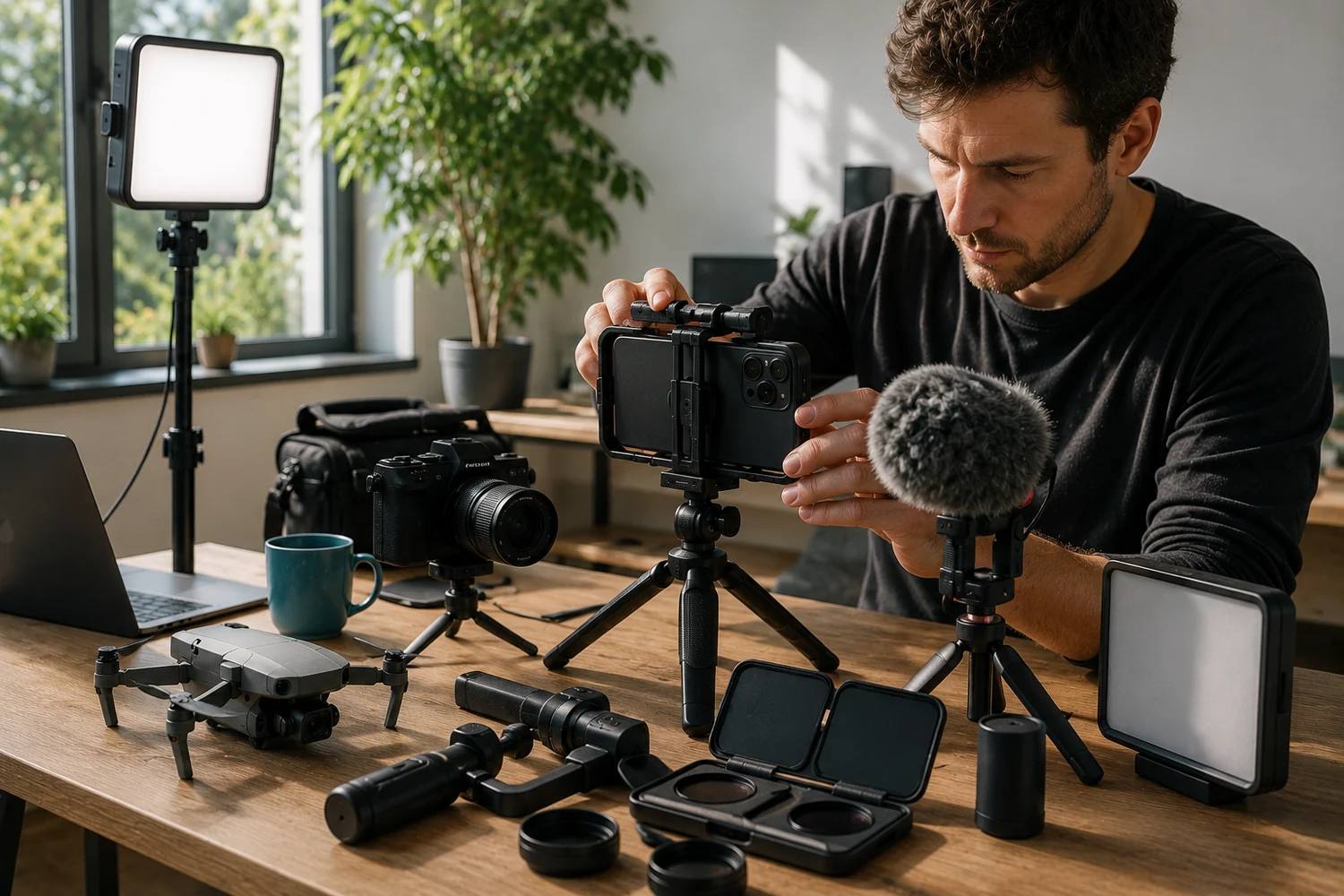 Créateur de contenu préparant un studio vidéo compact avec caméra, micro, éclairage LED et smartphone.