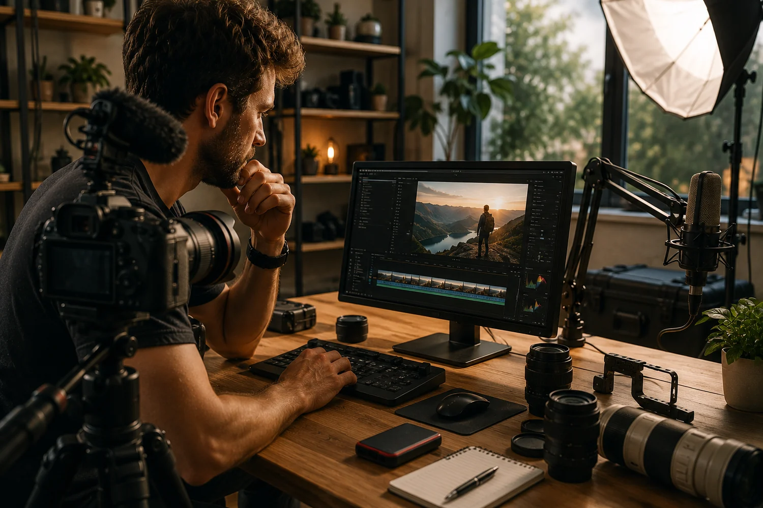 Créateur vidéo analysant ses images sur un écran de montage, entouré d'une caméra, d'un objectif et d'un éclairage de studio.