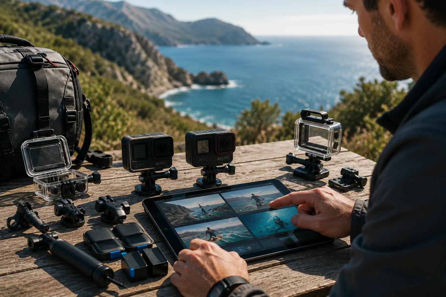 Comparaison de deux caméras d'action avec accessoires de tournage.
