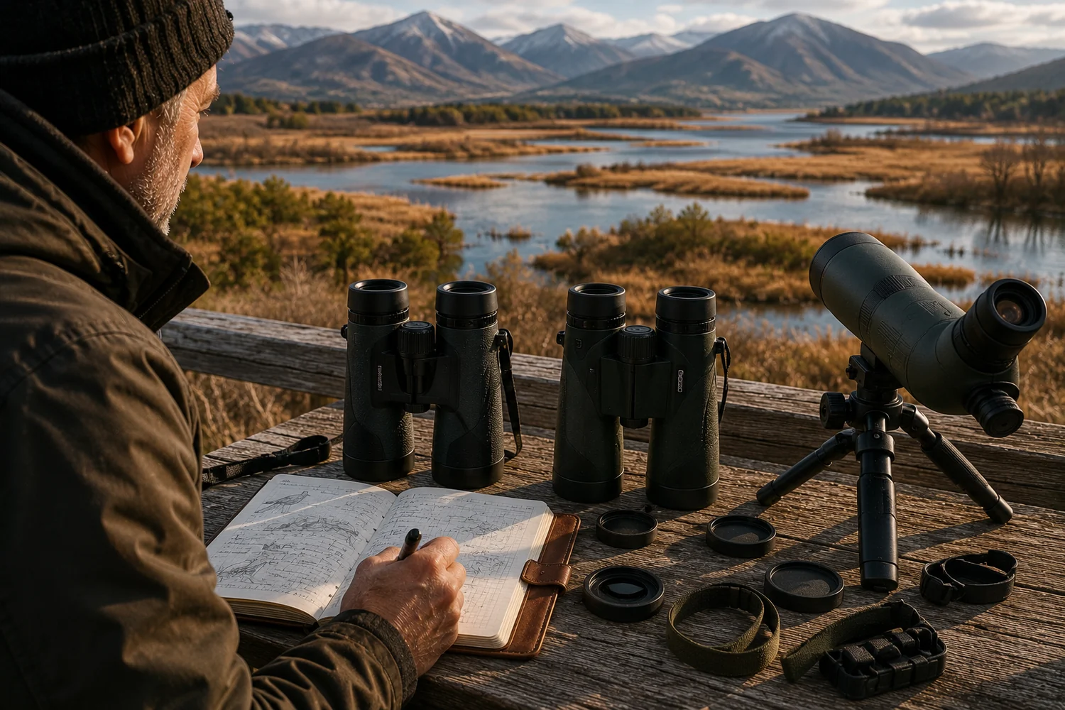 Deux modèles de jumelles comparés sur un observatoire naturel.