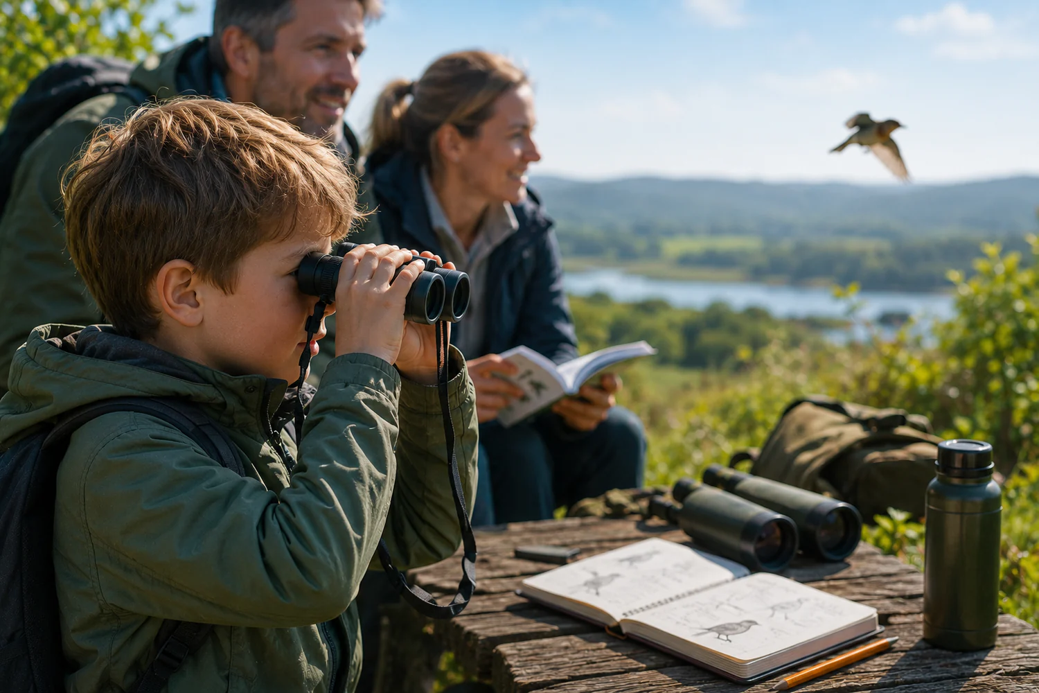 Enfant observant la nature avec des jumelles lors d'une sortie familiale.