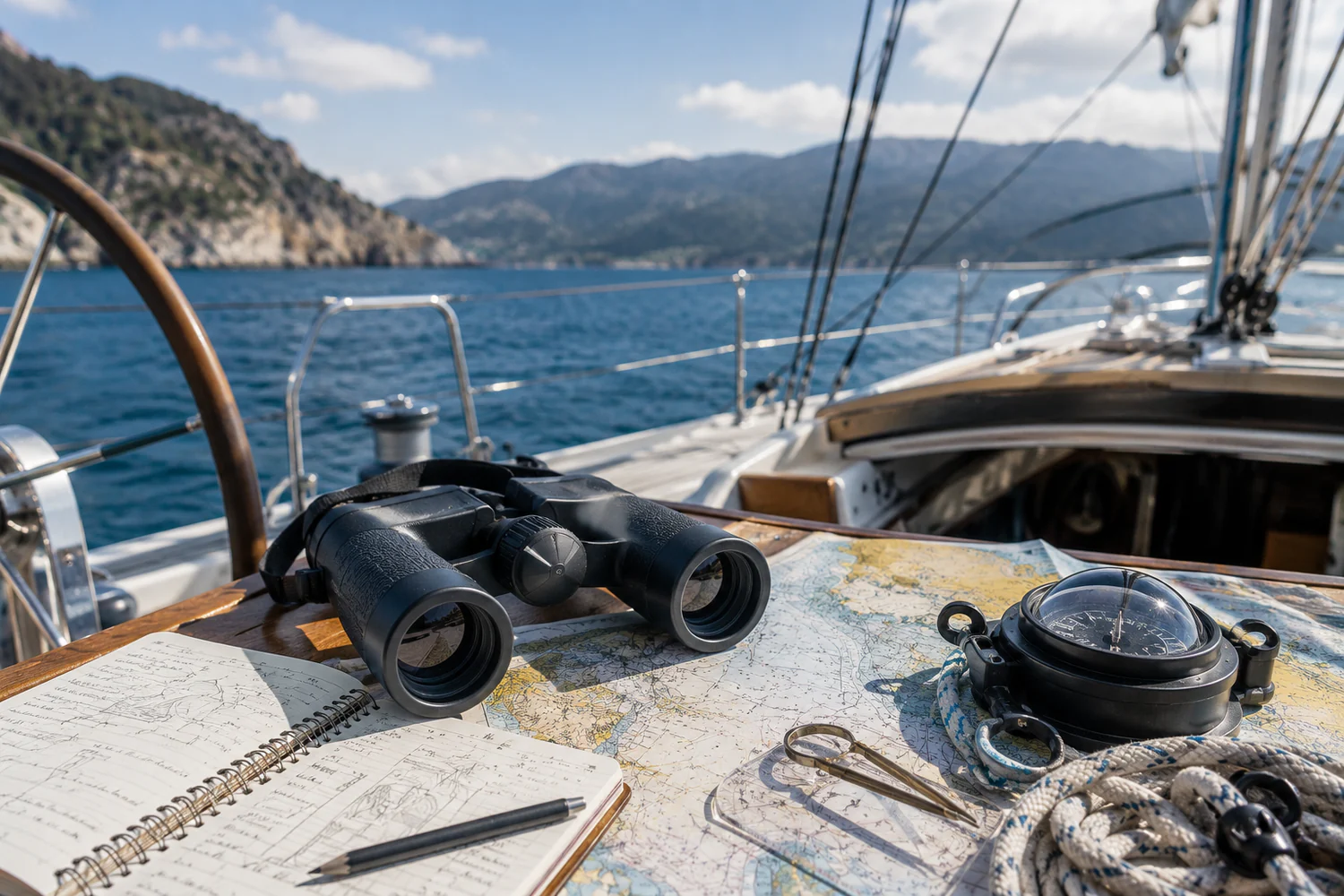 Jumelles marines posées sur une carte de navigation à bord d'un voilier.