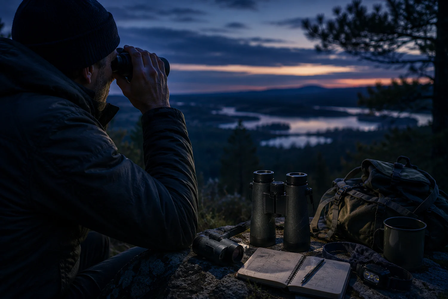 Observateur utilisant des jumelles au crépuscule dans un paysage naturel.