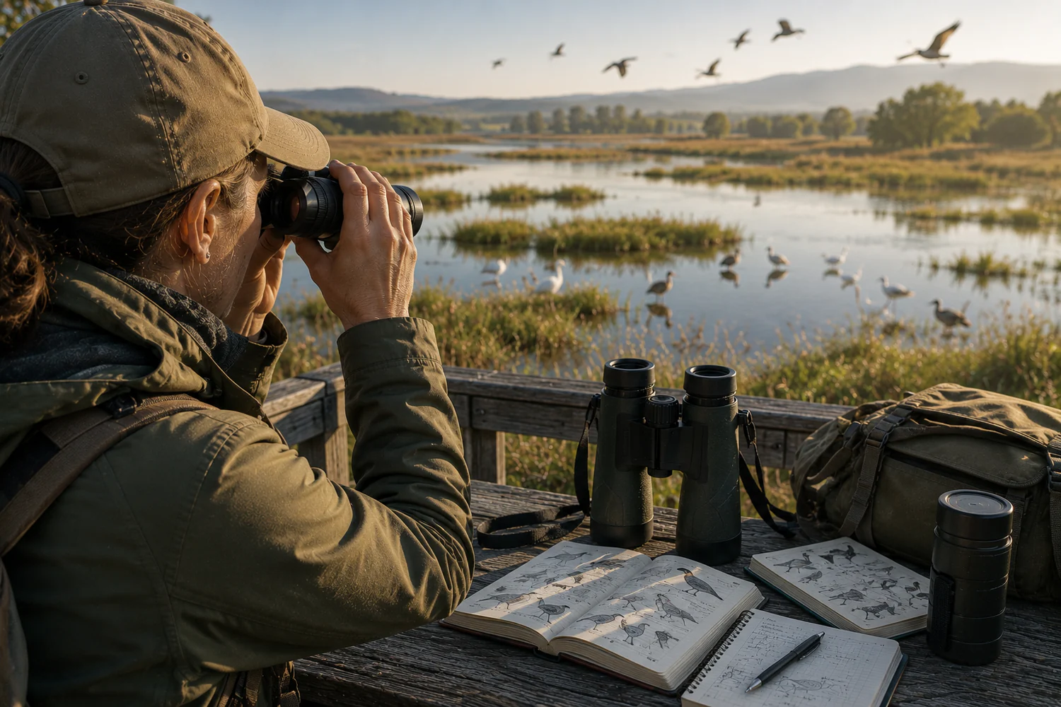 Observatrice utilisant des jumelles depuis une plateforme d'observation des oiseaux.