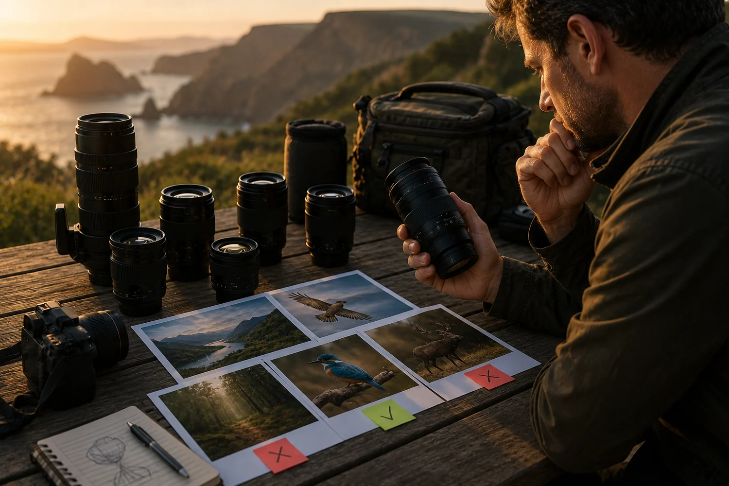 Photographe comparant plusieurs objectifs avant une séance photo en extérieur, avec tirages et matériel posés sur une table.