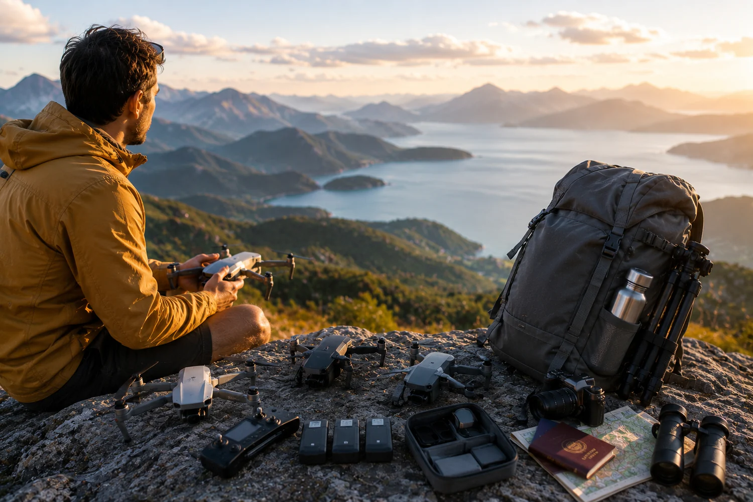 Voyageur comparant plusieurs drones compacts face à un panorama naturel.