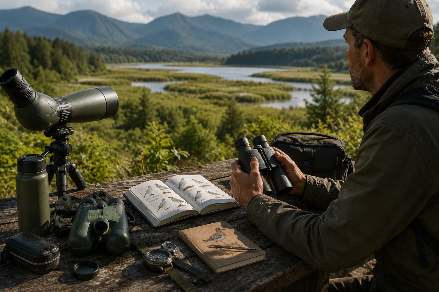Observateur préparant jumelles, longue-vue, guide de terrain et carnet face à une zone humide entourée de montagnes.