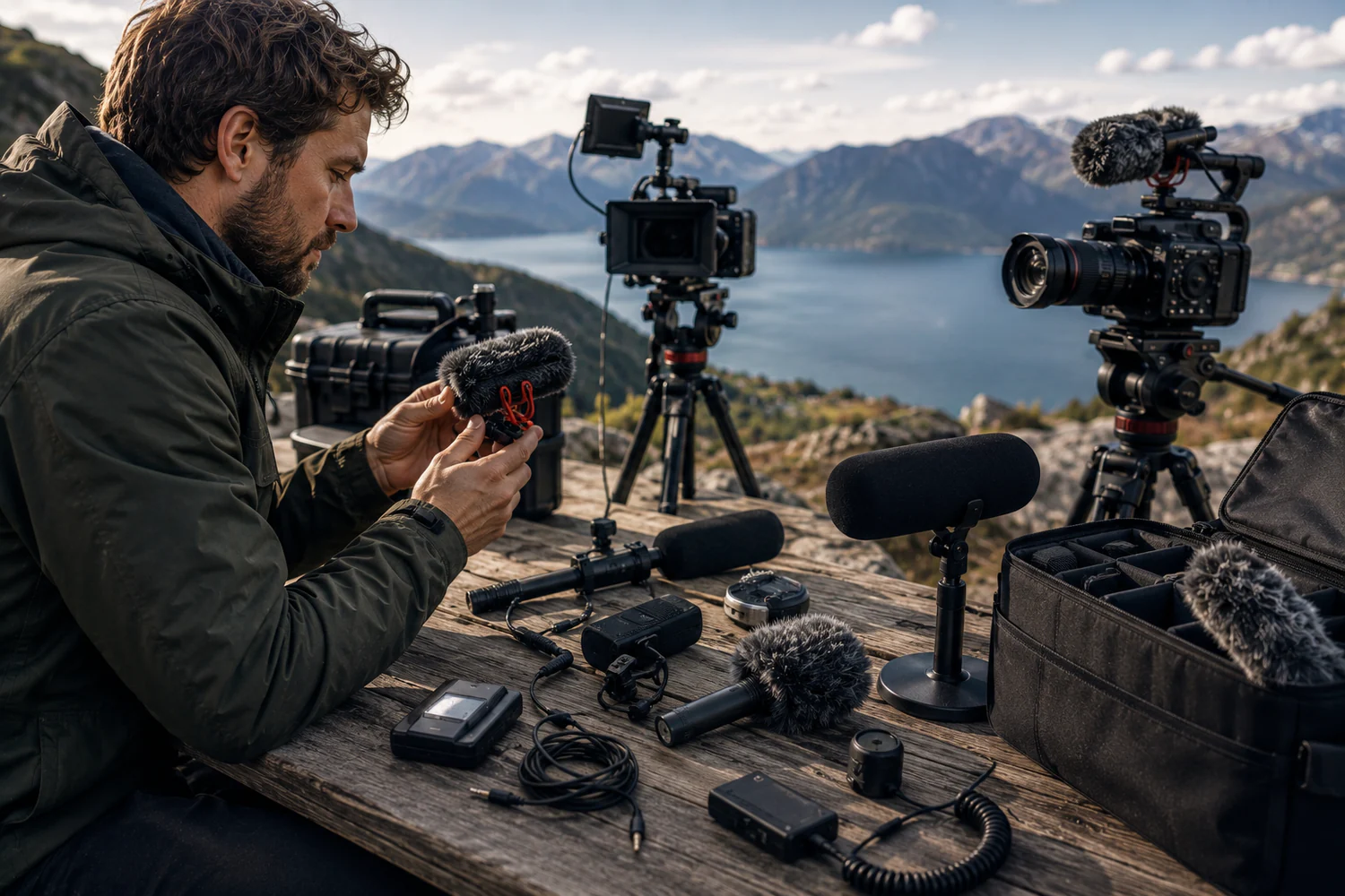 Vidéaste comparant plusieurs microphones sur un plateau de tournage extérieur.