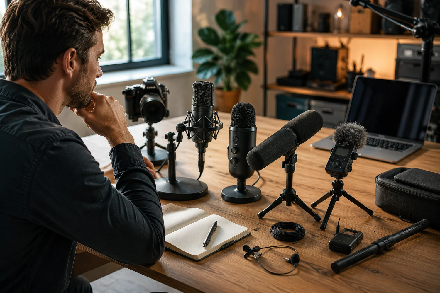 Créateur comparant plusieurs microphones sur un espace de travail professionnel.
