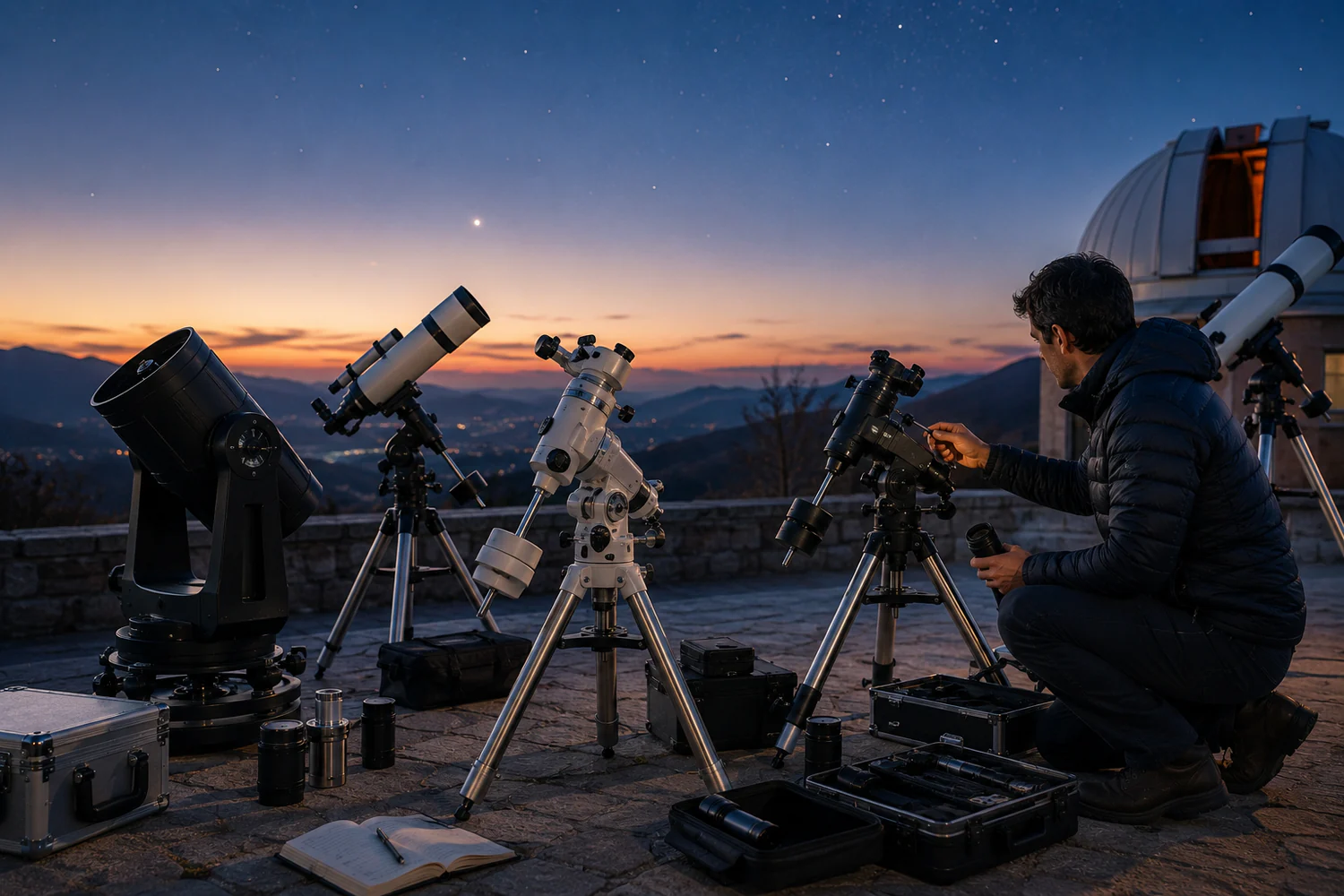 Astronome comparant plusieurs montures de télescope sur un site d'observation.