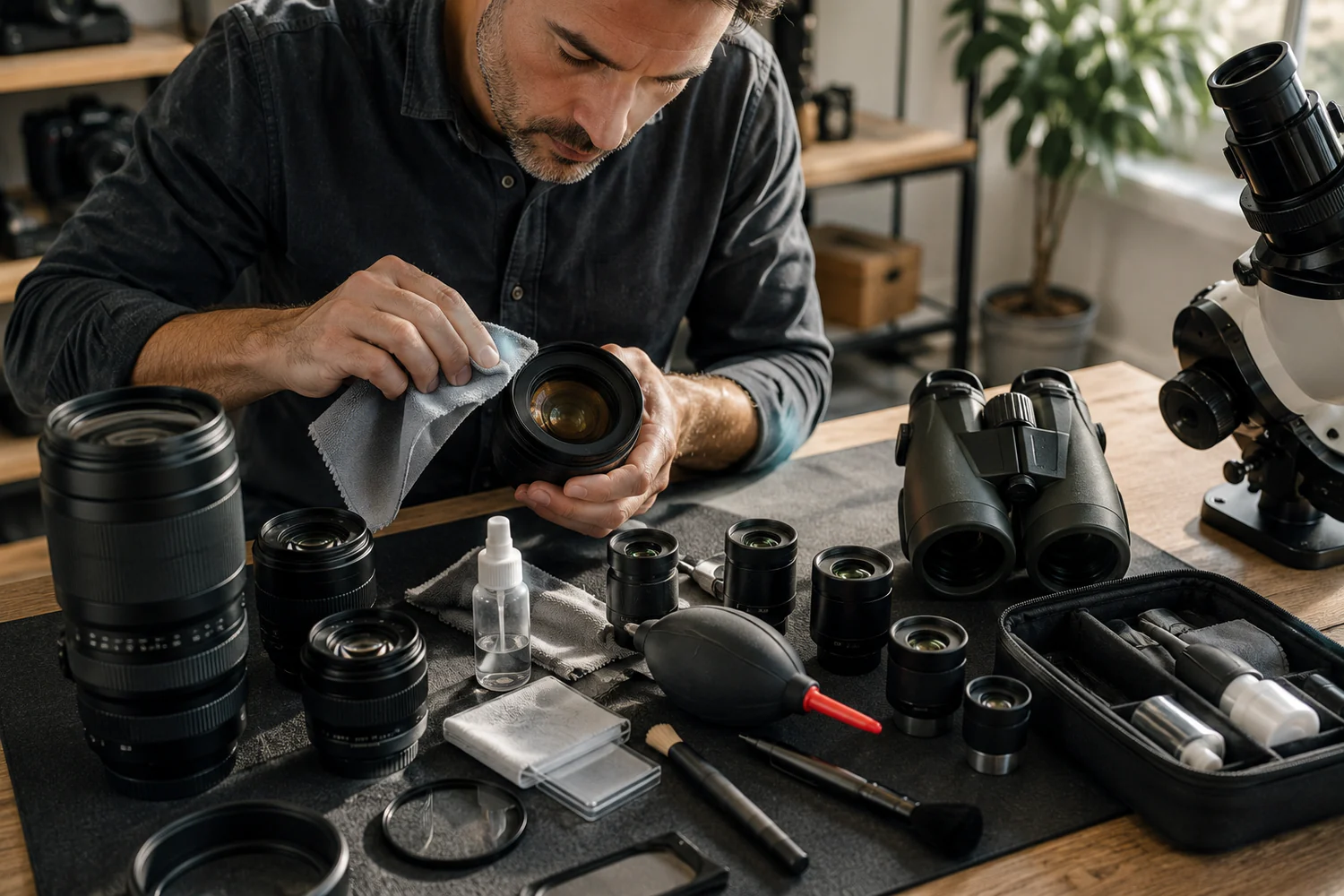 Nettoyage précis de lentilles, jumelles et oculaires avec des accessoires adaptés.