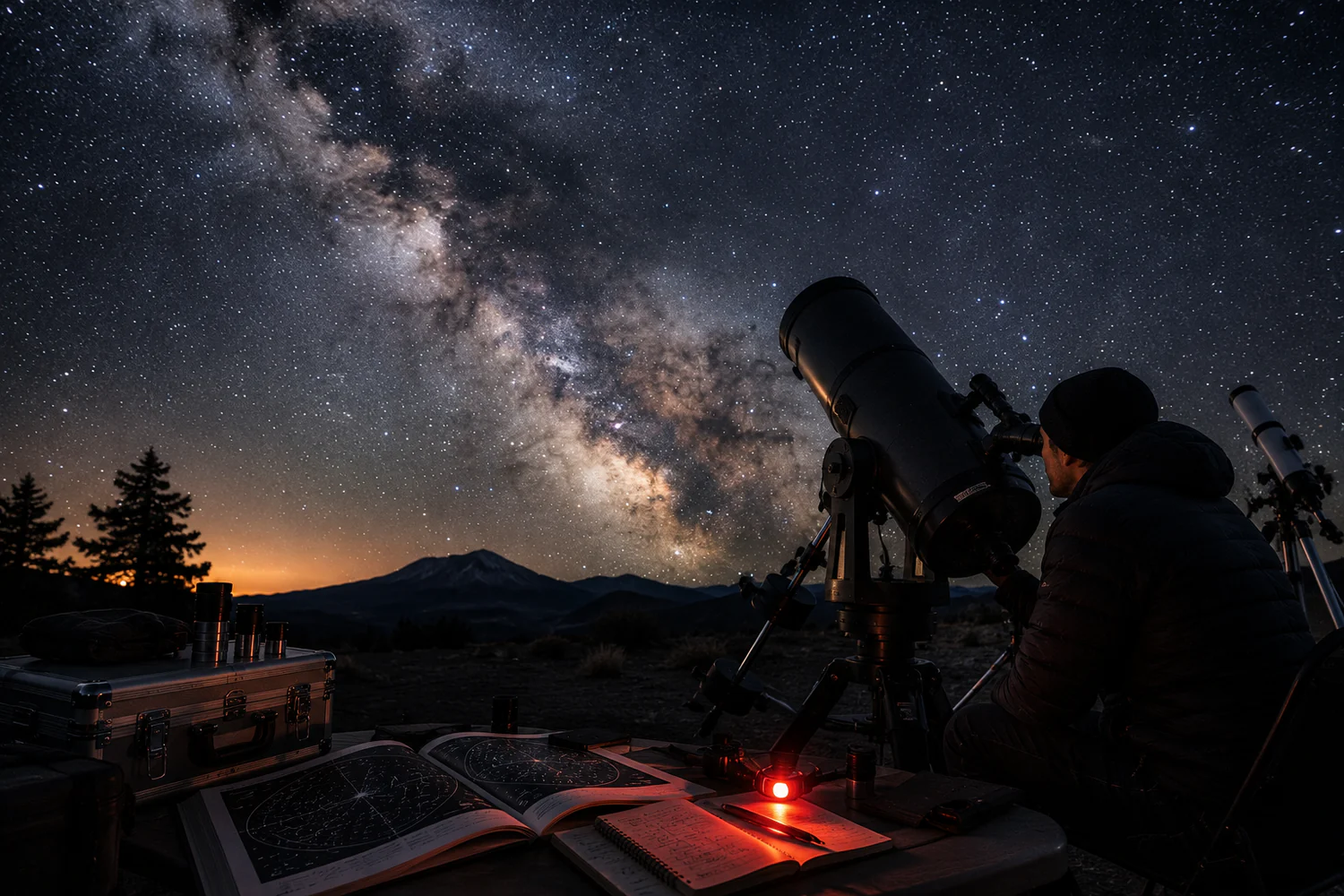 Astronome observant le ciel profond avec un grand télescope sous la Voie lactée.