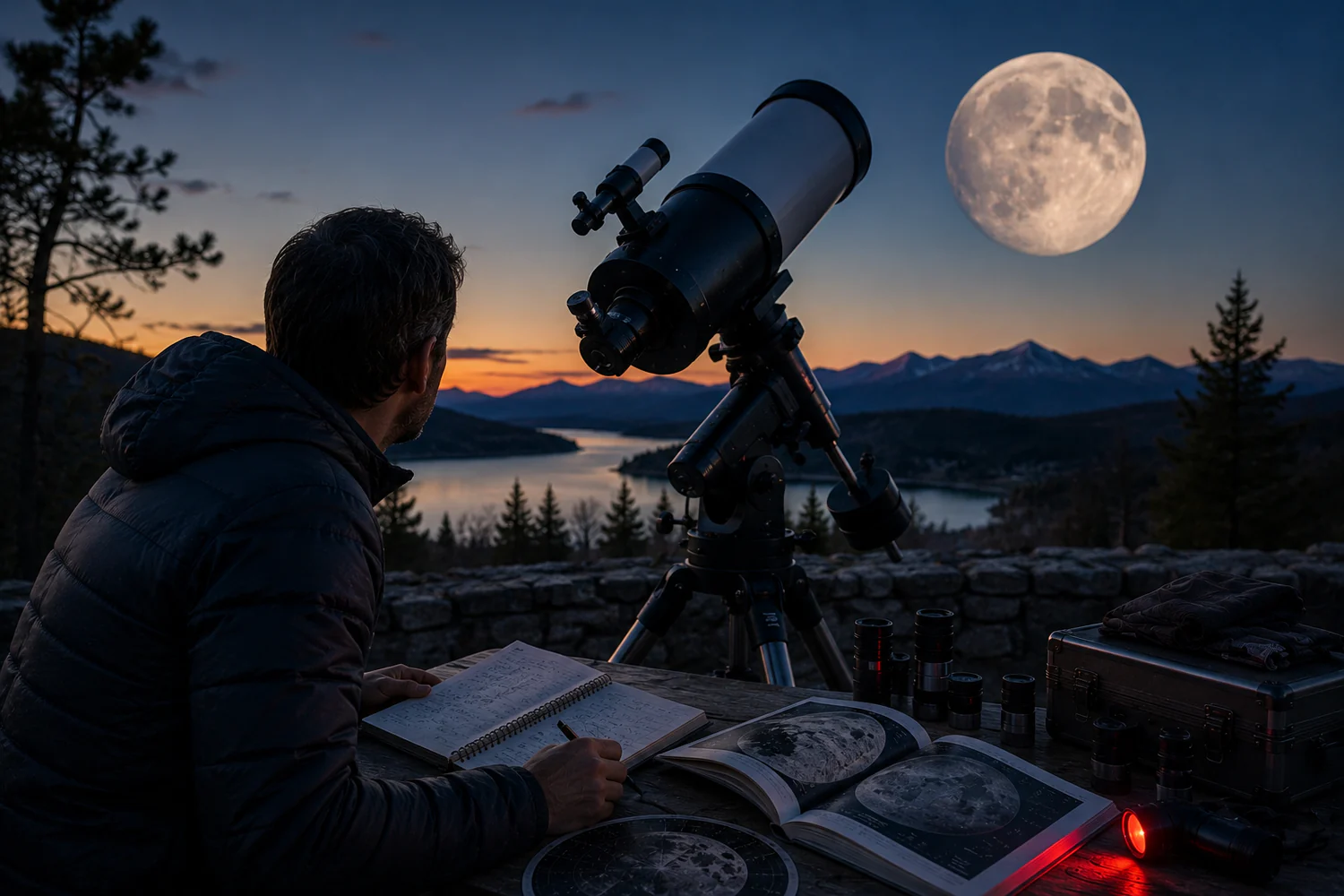 Télescope pointé vers la Lune pendant une séance d'observation au crépuscule.