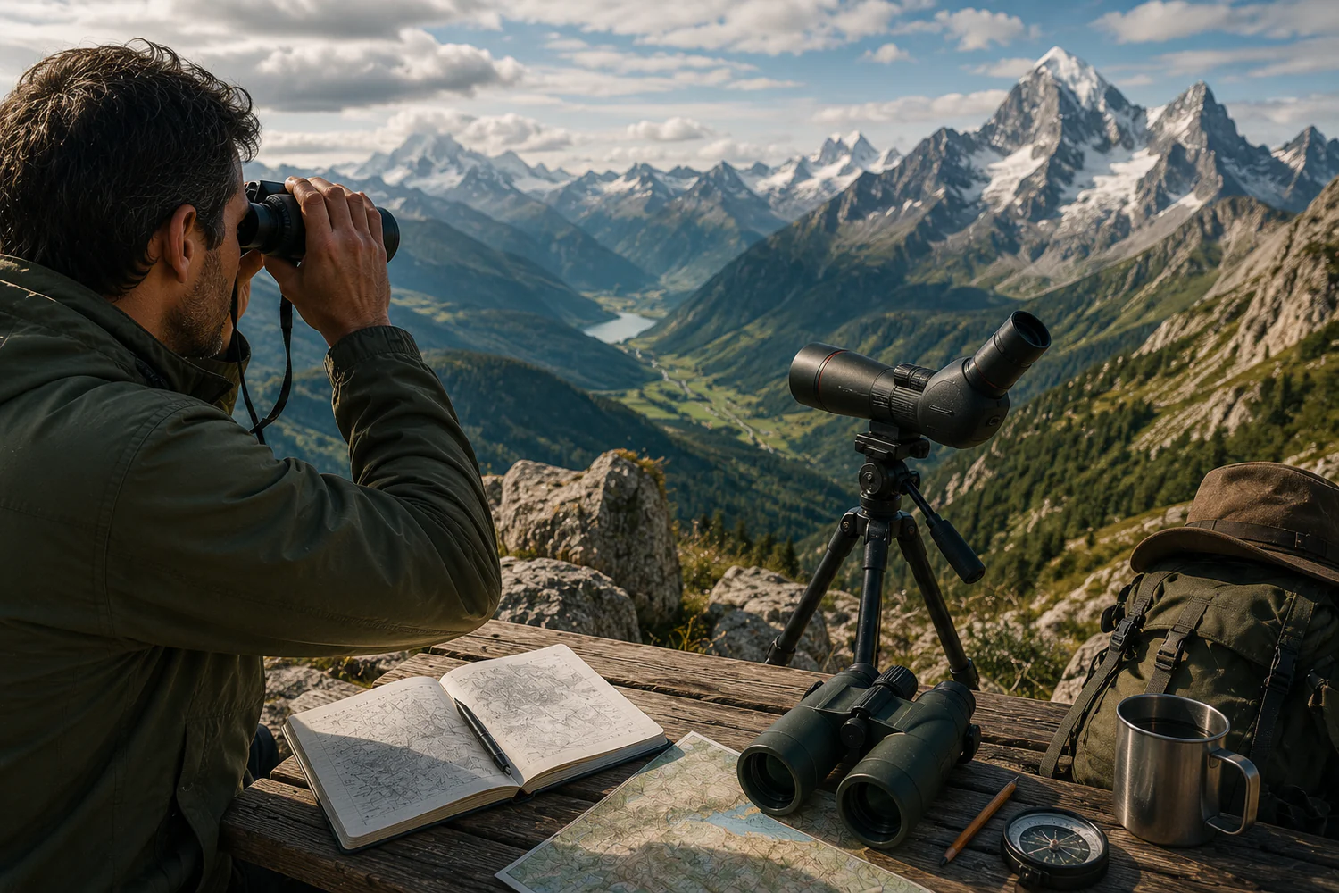 Observateur utilisant des jumelles et une longue-vue depuis un point de vue en montagne.