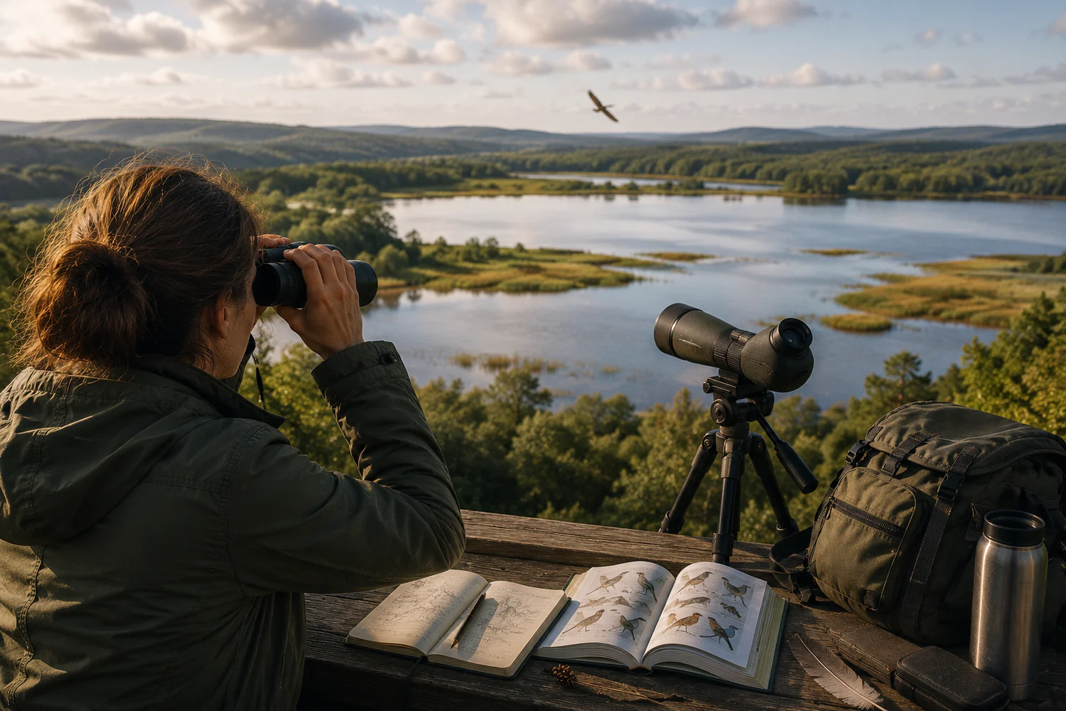 Observatrice utilisant des jumelles depuis un point d'observation naturel.