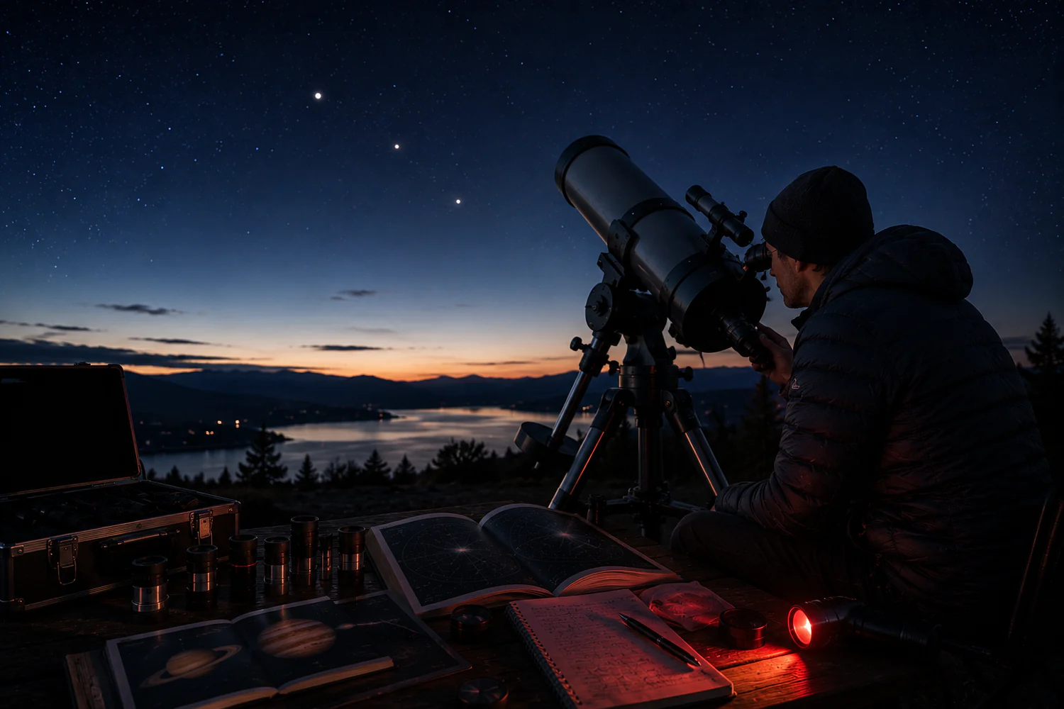 Astronome amateur observant les planètes avec un télescope sous un ciel étoilé.