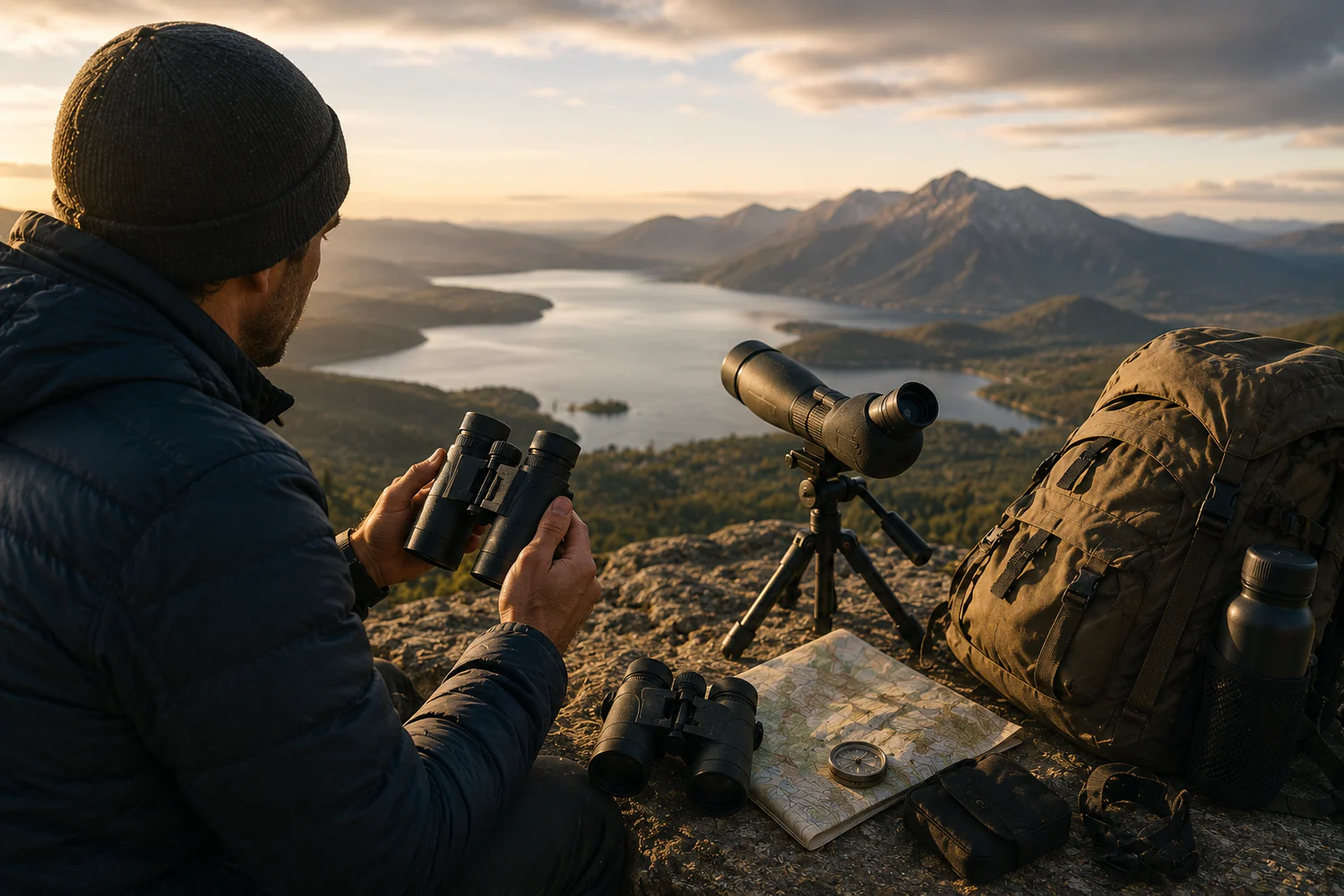 Voyageur comparant des jumelles compactes et une longue-vue légère face à un paysage.