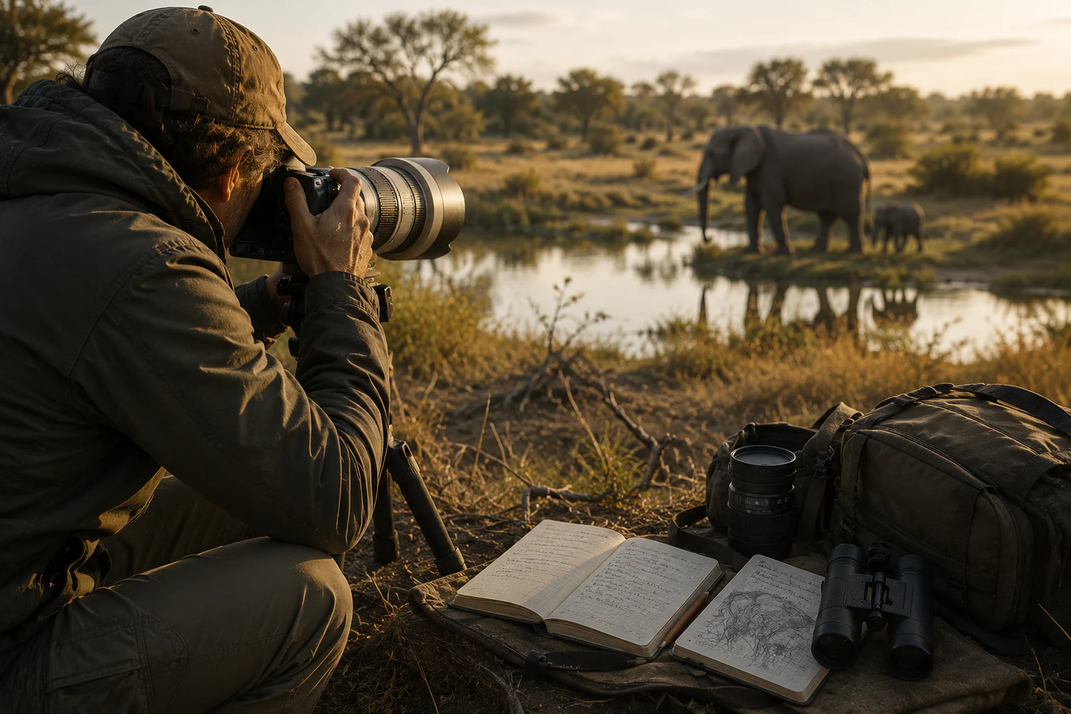 Photographe animalier utilisant un téléobjectif pour photographier des animaux à distance.