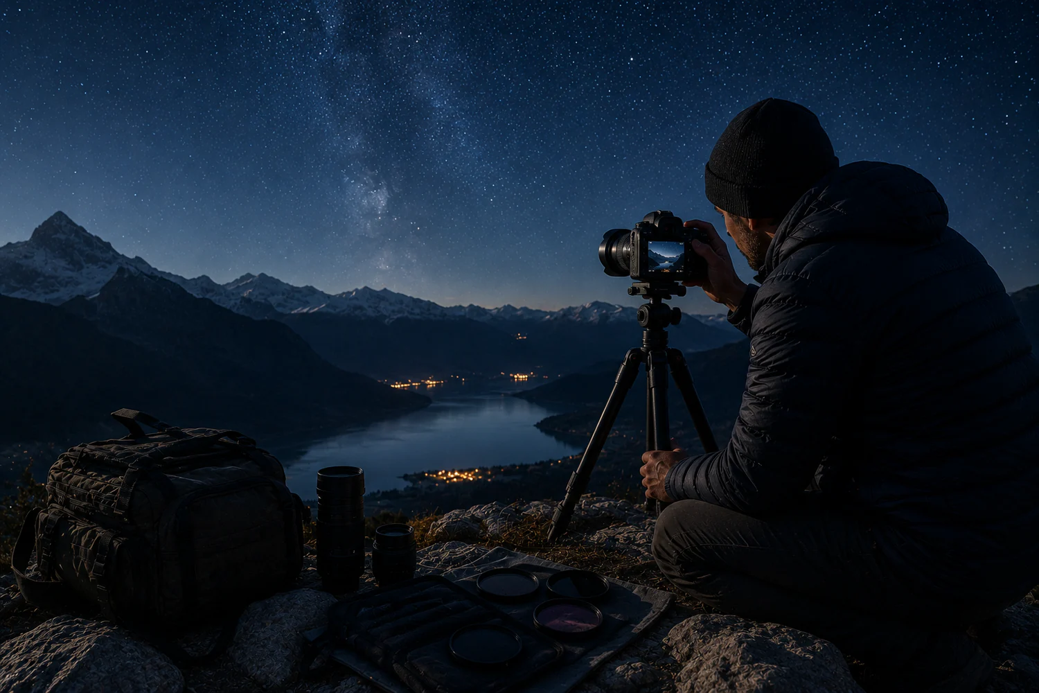 Photographe préparant un appareil photo sur trépied sous un ciel étoilé.