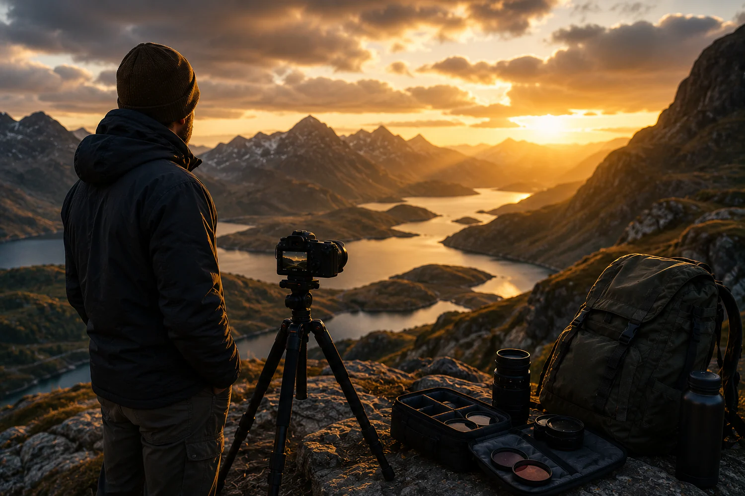 Photographe face à un paysage de montagnes et de lacs pendant l'heure dorée.