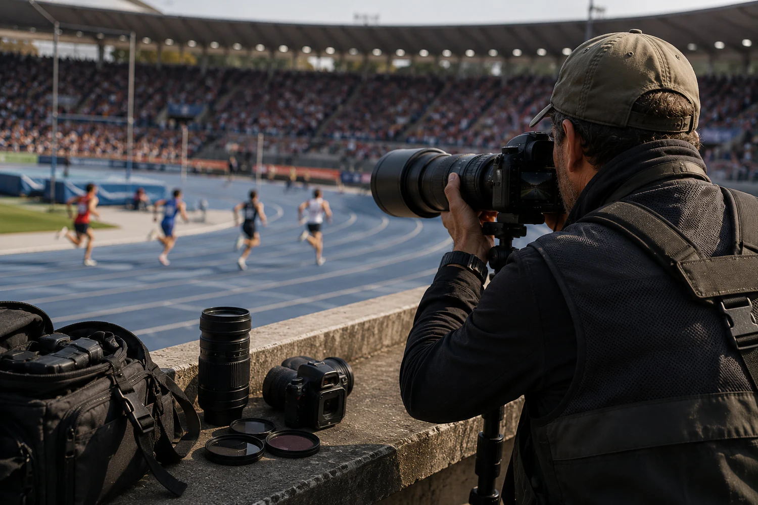 Photographe sportif utilisant un téléobjectif depuis une zone d'observation sécurisée.